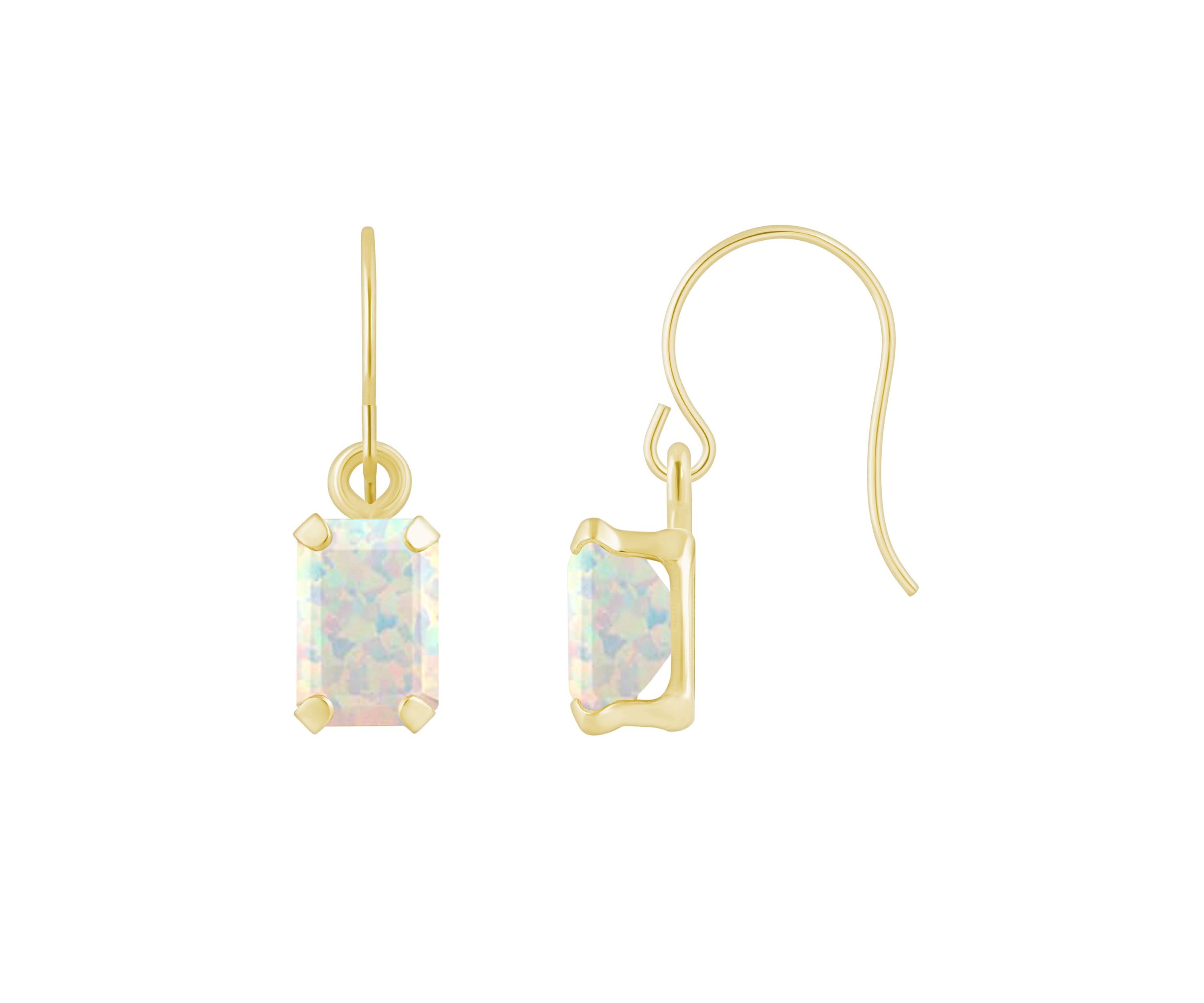 Lab Created 10K White Gold 6x4mm Emerald Cut Created Opal Drop Earrings