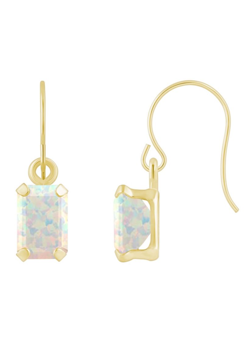 Lab Created 10K White Gold 6x4mm Emerald Cut Created Opal Drop Earrings