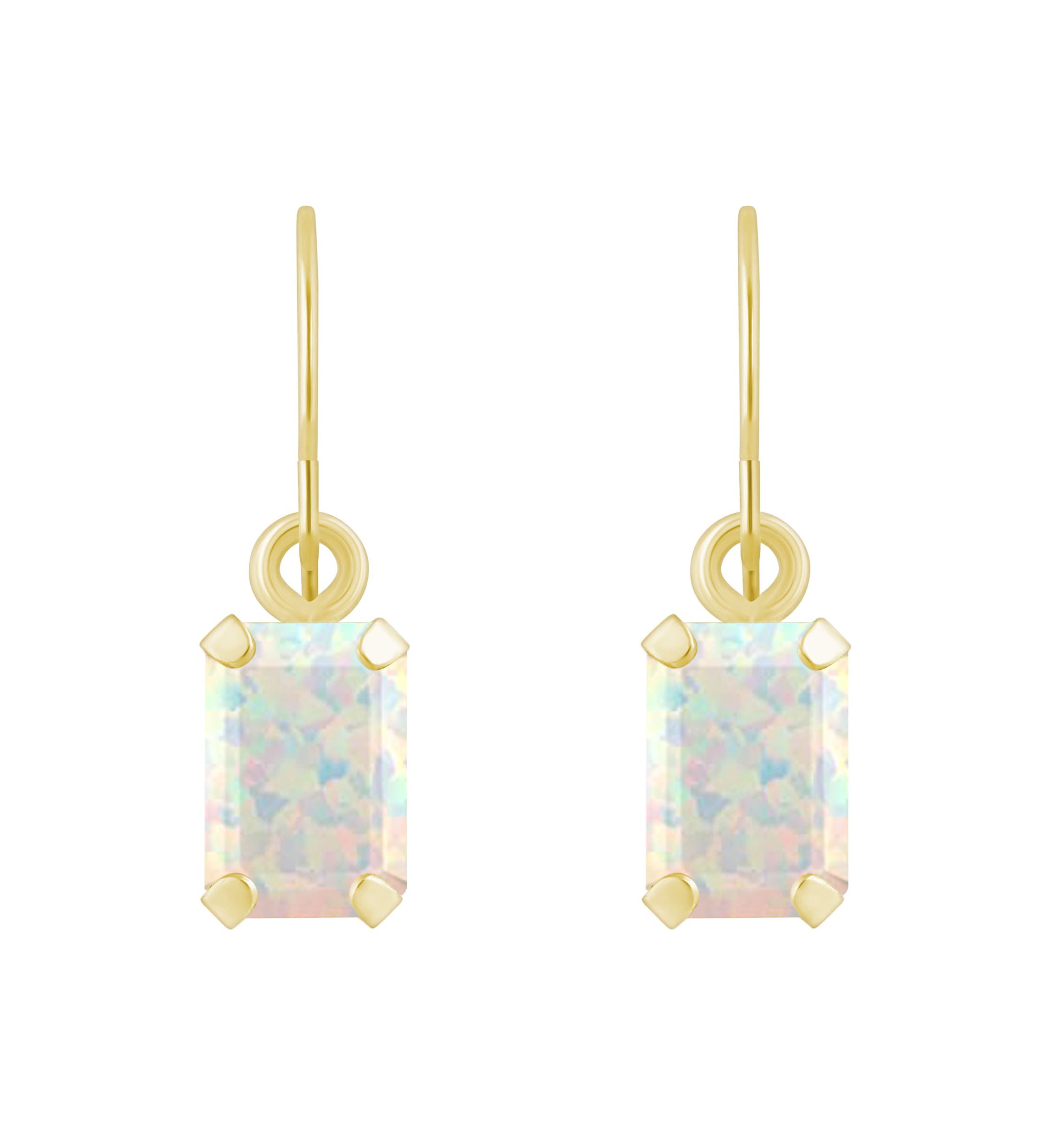 Lab Created 10K White Gold 6x4mm Emerald Cut Created Opal Drop Earrings