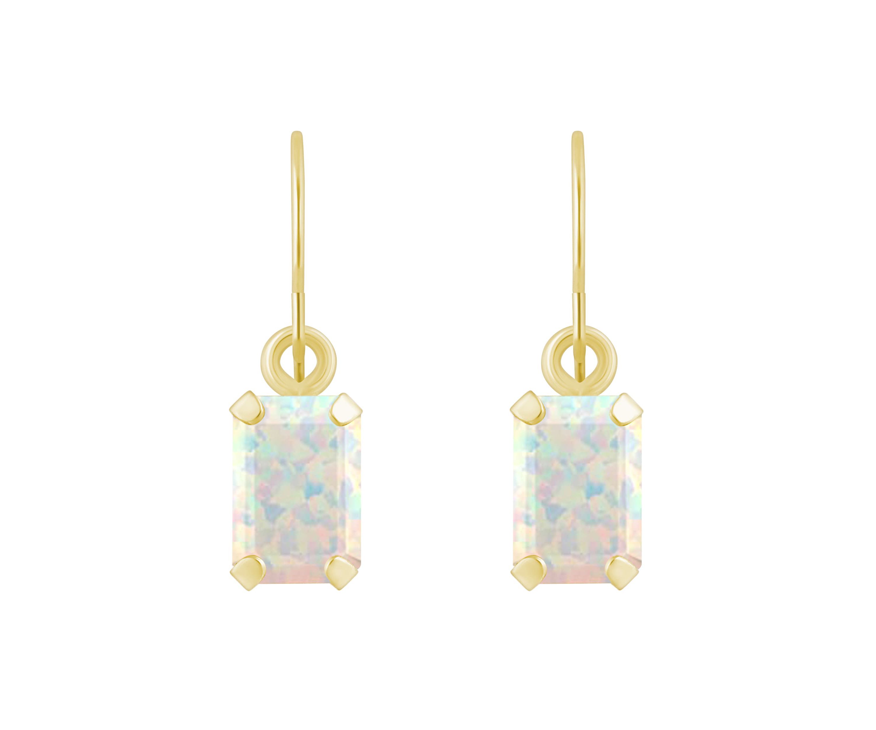 Lab Created 10K White Gold 6x4mm Emerald Cut Created Opal Drop Earrings