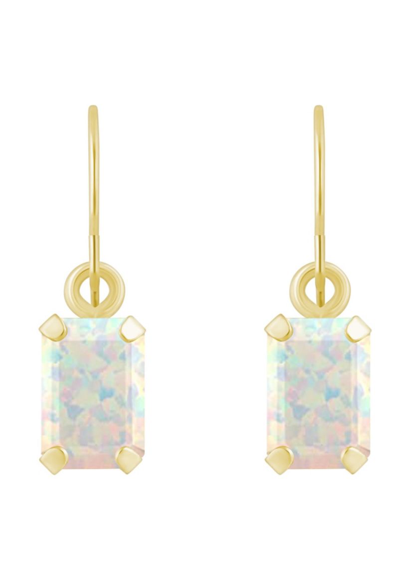 Lab Created 10K White Gold 6x4mm Emerald Cut Created Opal Drop Earrings