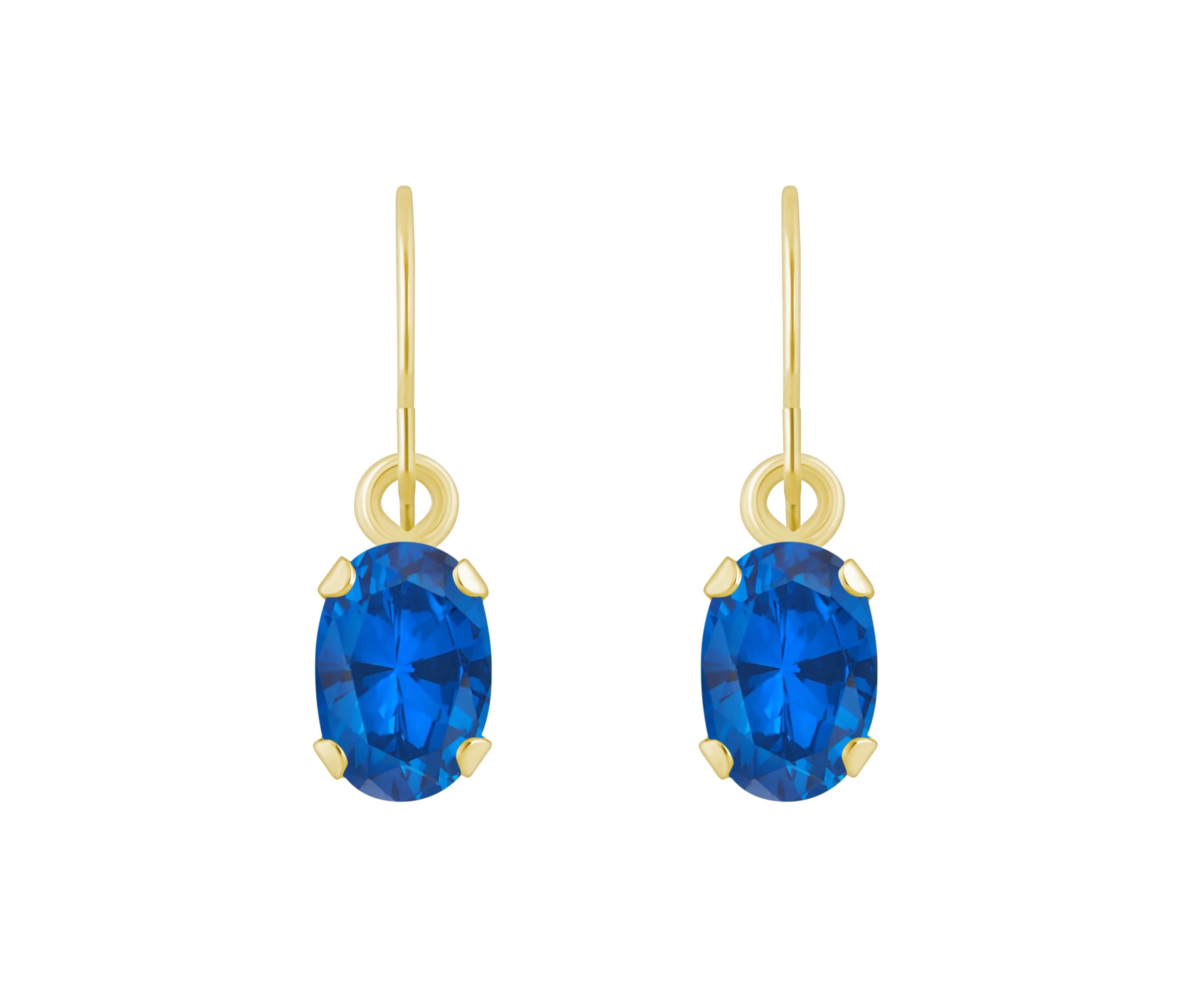 Lab Created 10K Yellow Gold 6x4mm Oval Created Sapphire Drop Earrings