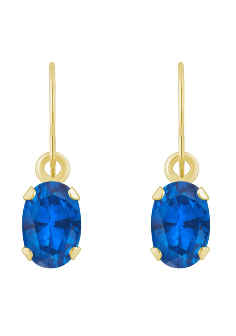 Lab Created 10K Yellow Gold 6x4mm Oval Created Sapphire Drop Earrings