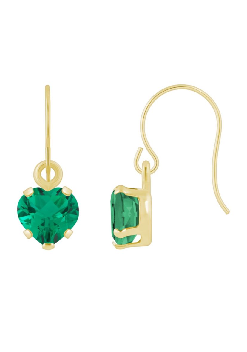 Lab Created 10K Yellow Gold 5mm Heart Shape Created Emerald Drop Earrings