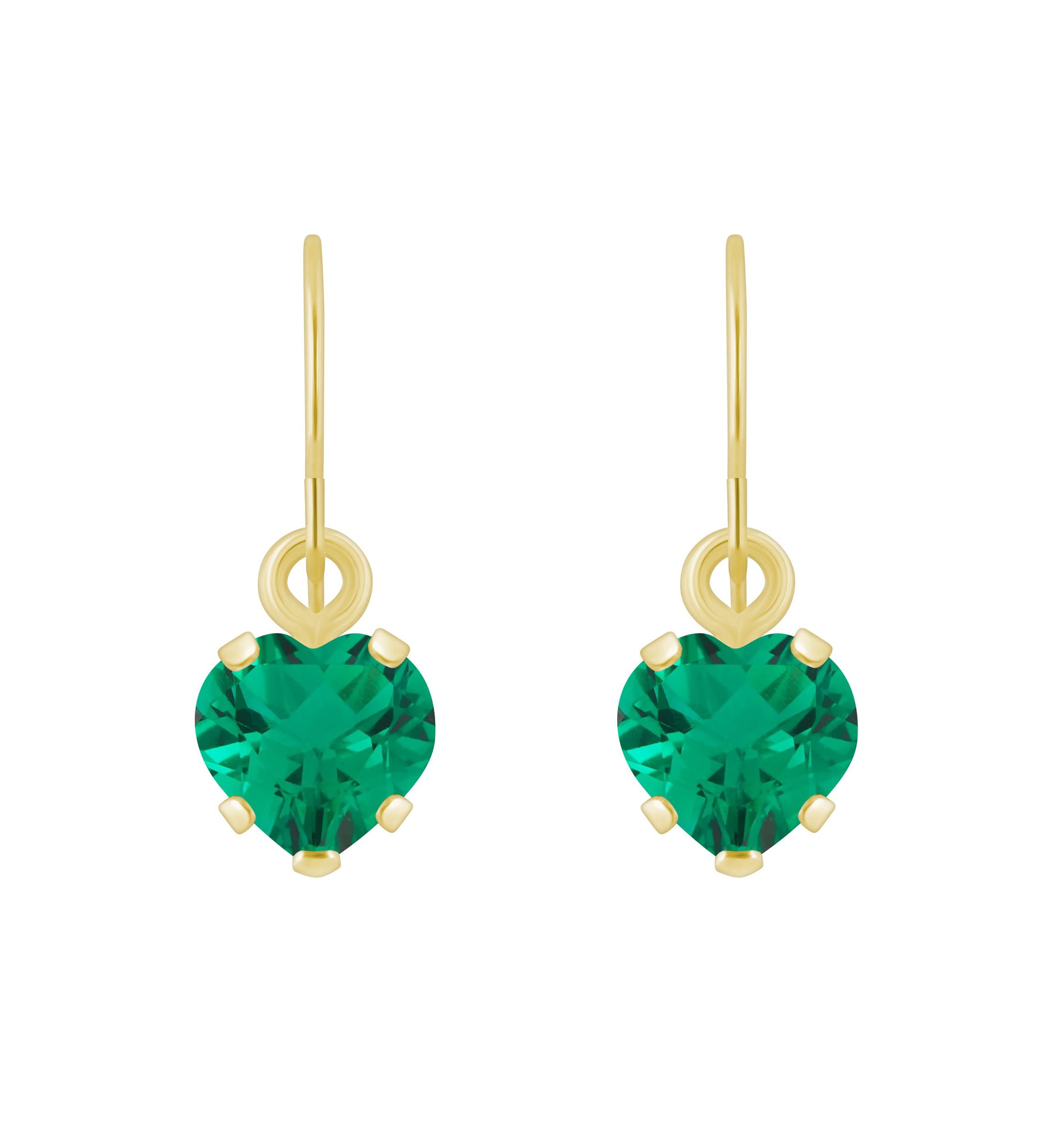 Lab Created 10K Yellow Gold 5mm Heart Shape Created Emerald Drop Earrings