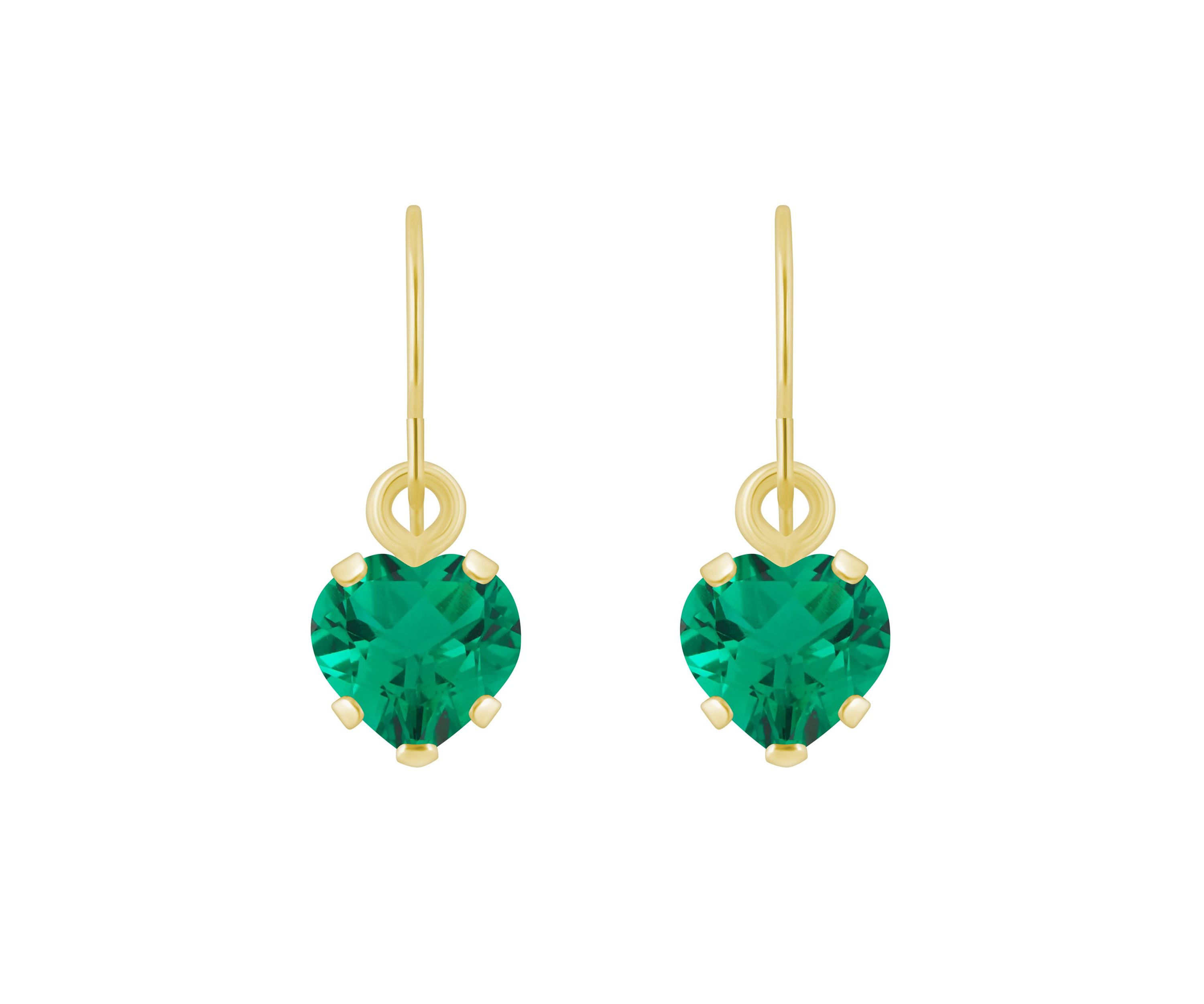 Lab Created 10K Yellow Gold 5mm Heart Shape Created Emerald Drop Earrings