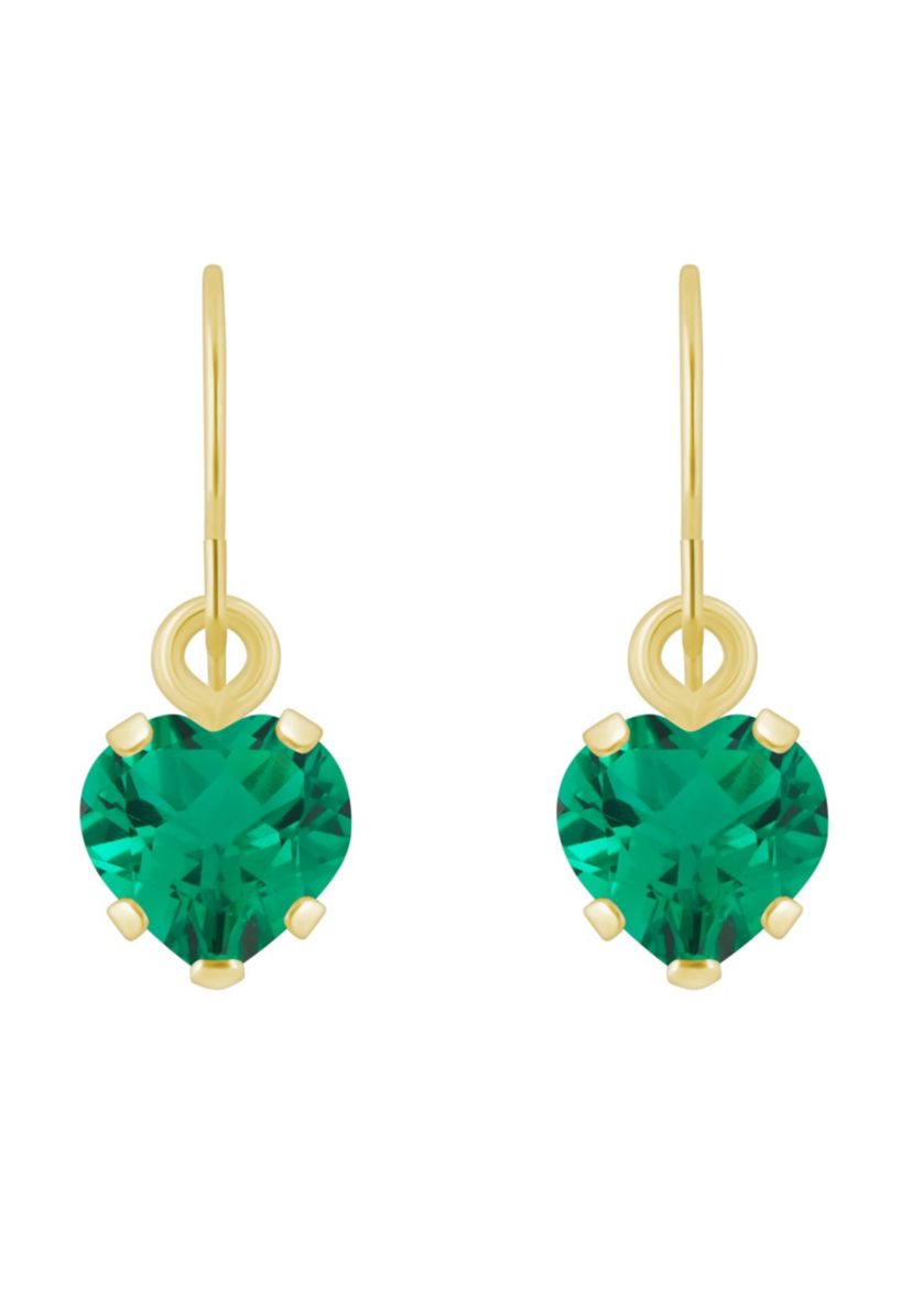 Lab Created 10K Yellow Gold 5mm Heart Shape Created Emerald Drop Earrings
