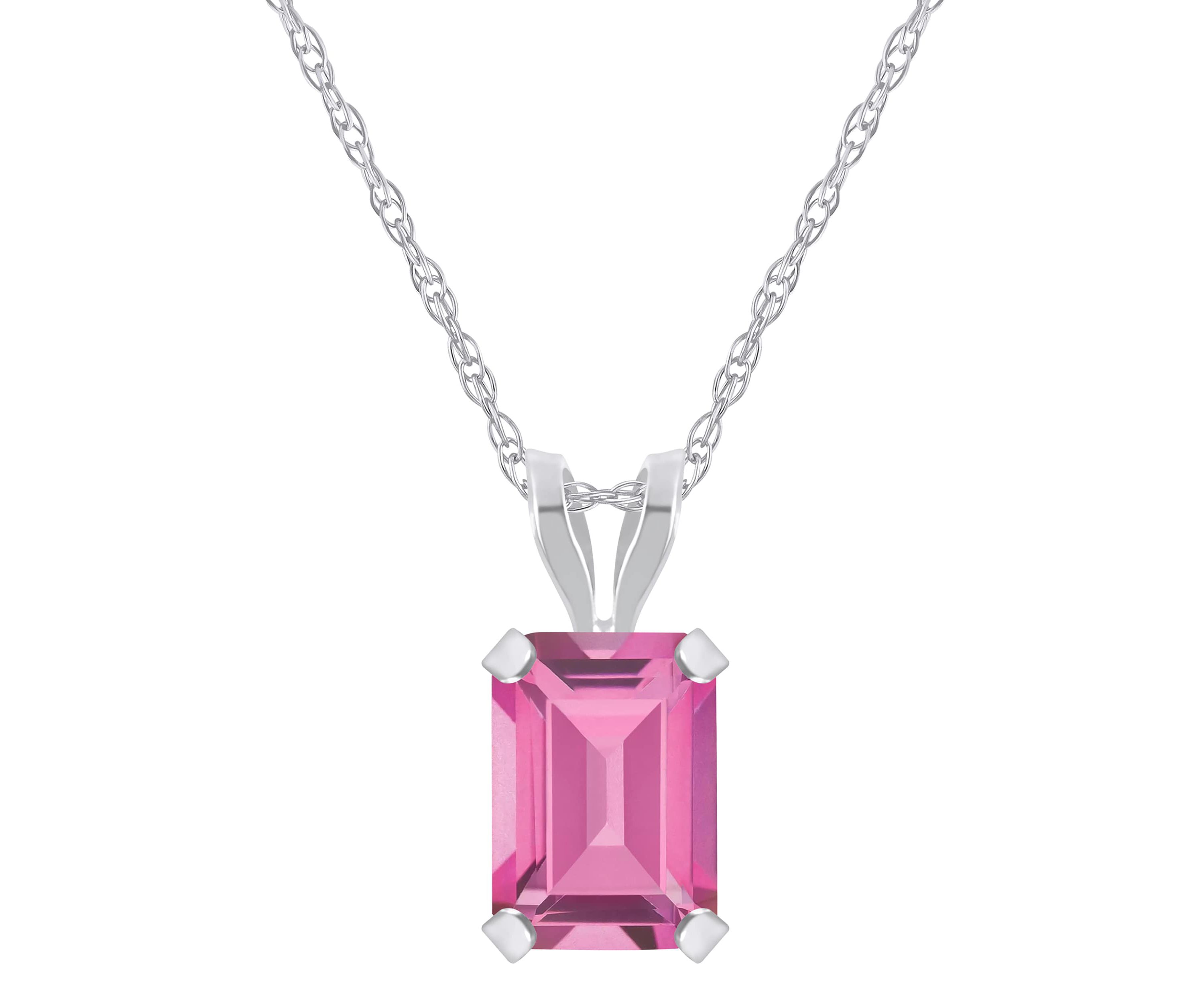 10K Yellow Gold 7x5mm Emerald Cut Pink Topaz Pendant Necklace