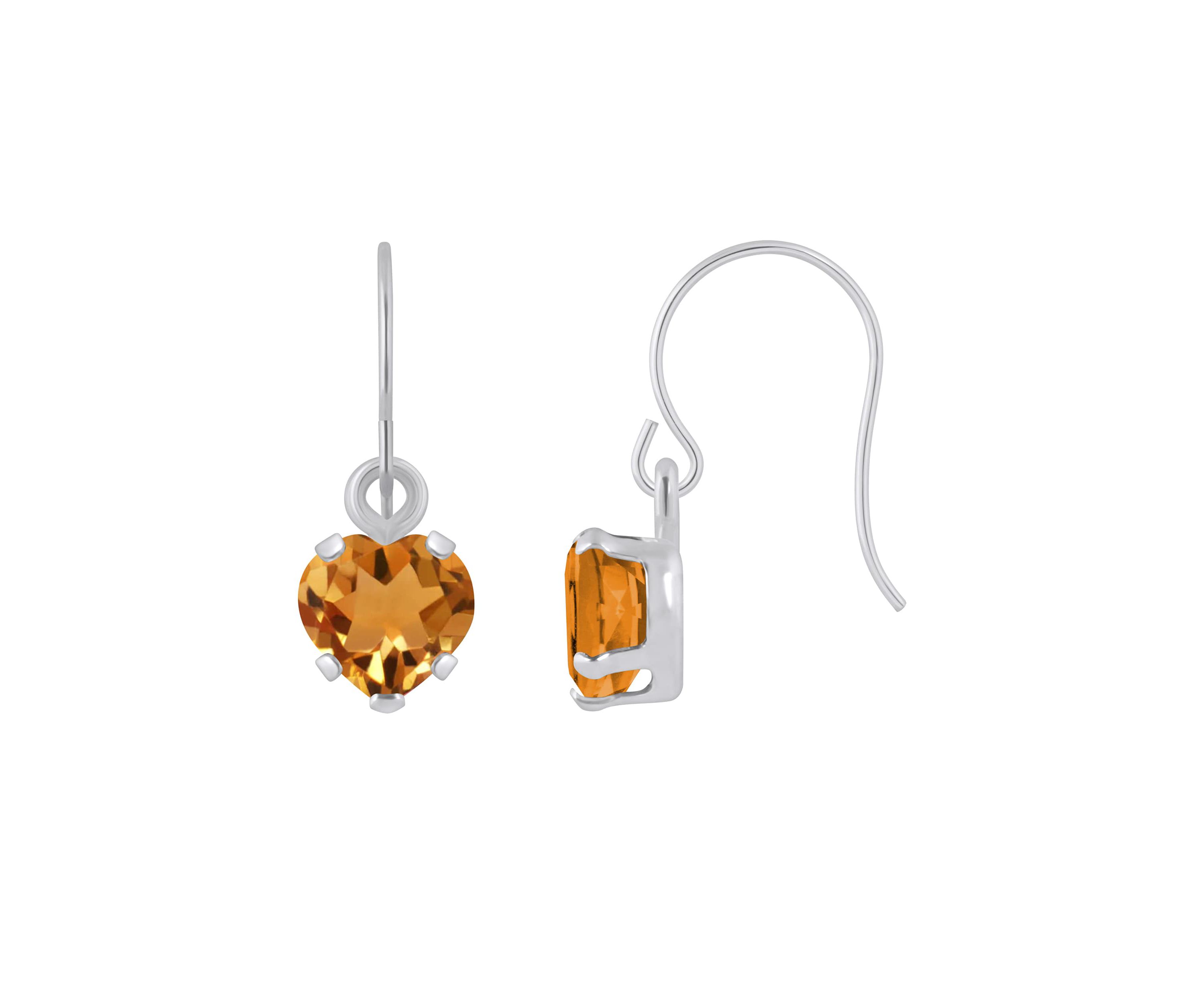 10K White Gold 5mm Heart Shape Citrine Drop Earrings
