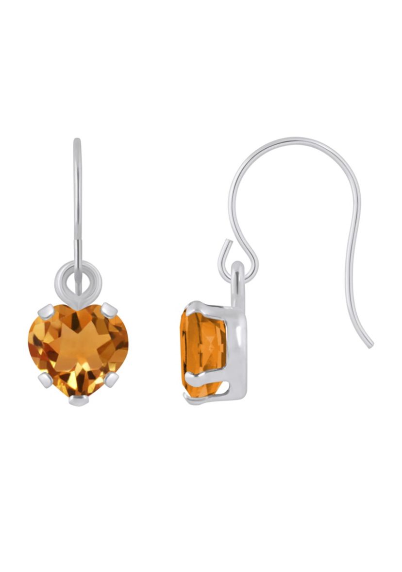 10K White Gold 5mm Heart Shape Citrine Drop Earrings