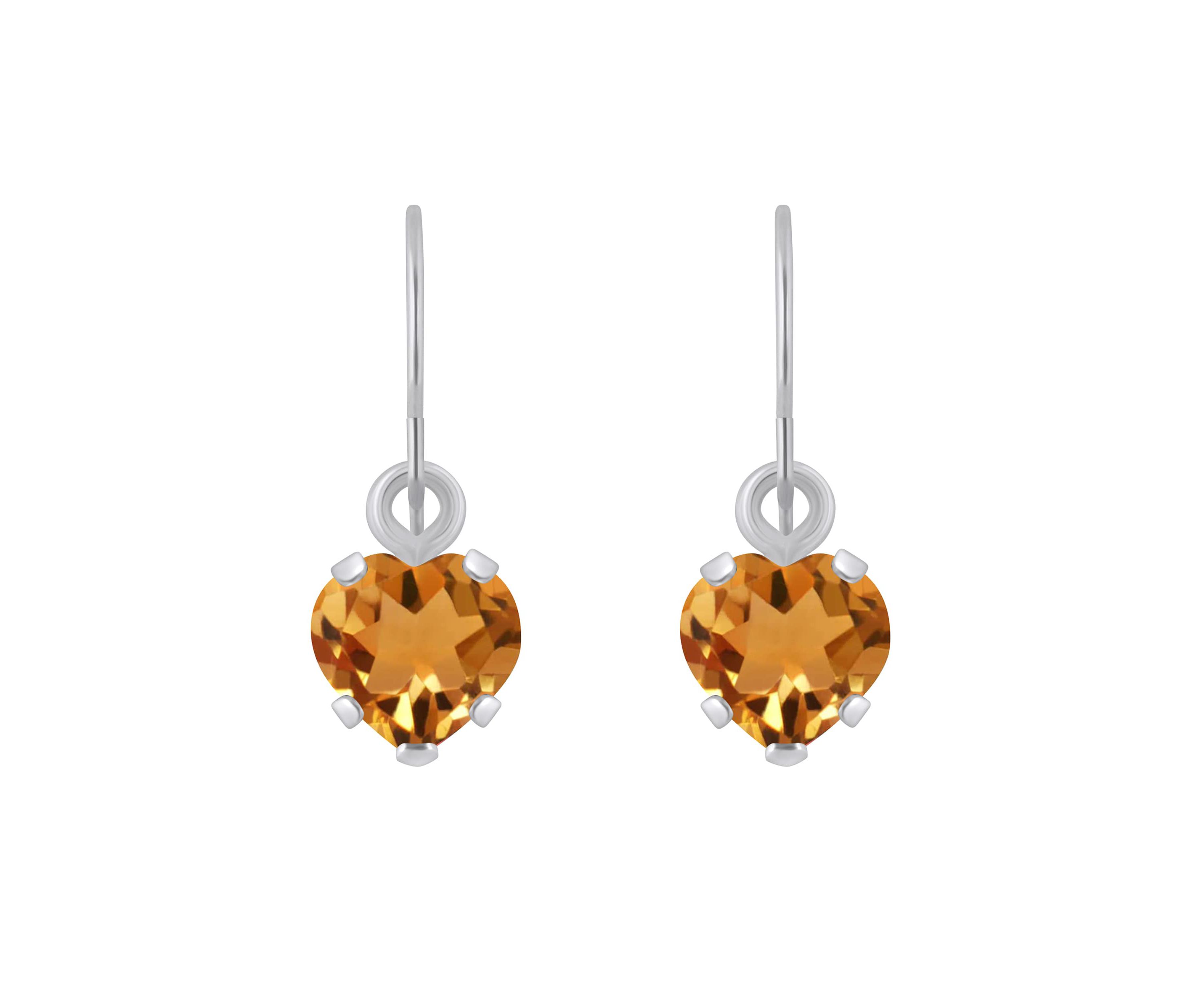 10K White Gold 5mm Heart Shape Citrine Drop Earrings