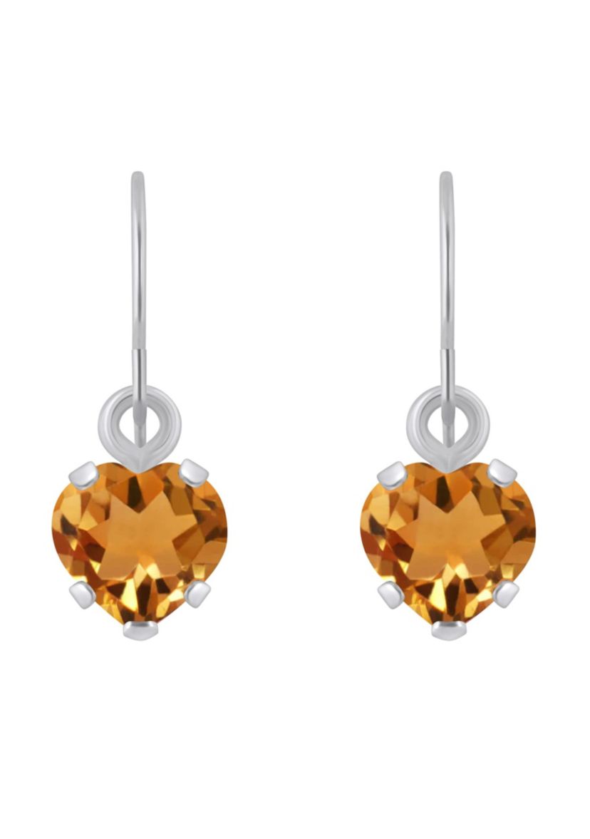 10K White Gold 5mm Heart Shape Citrine Drop Earrings