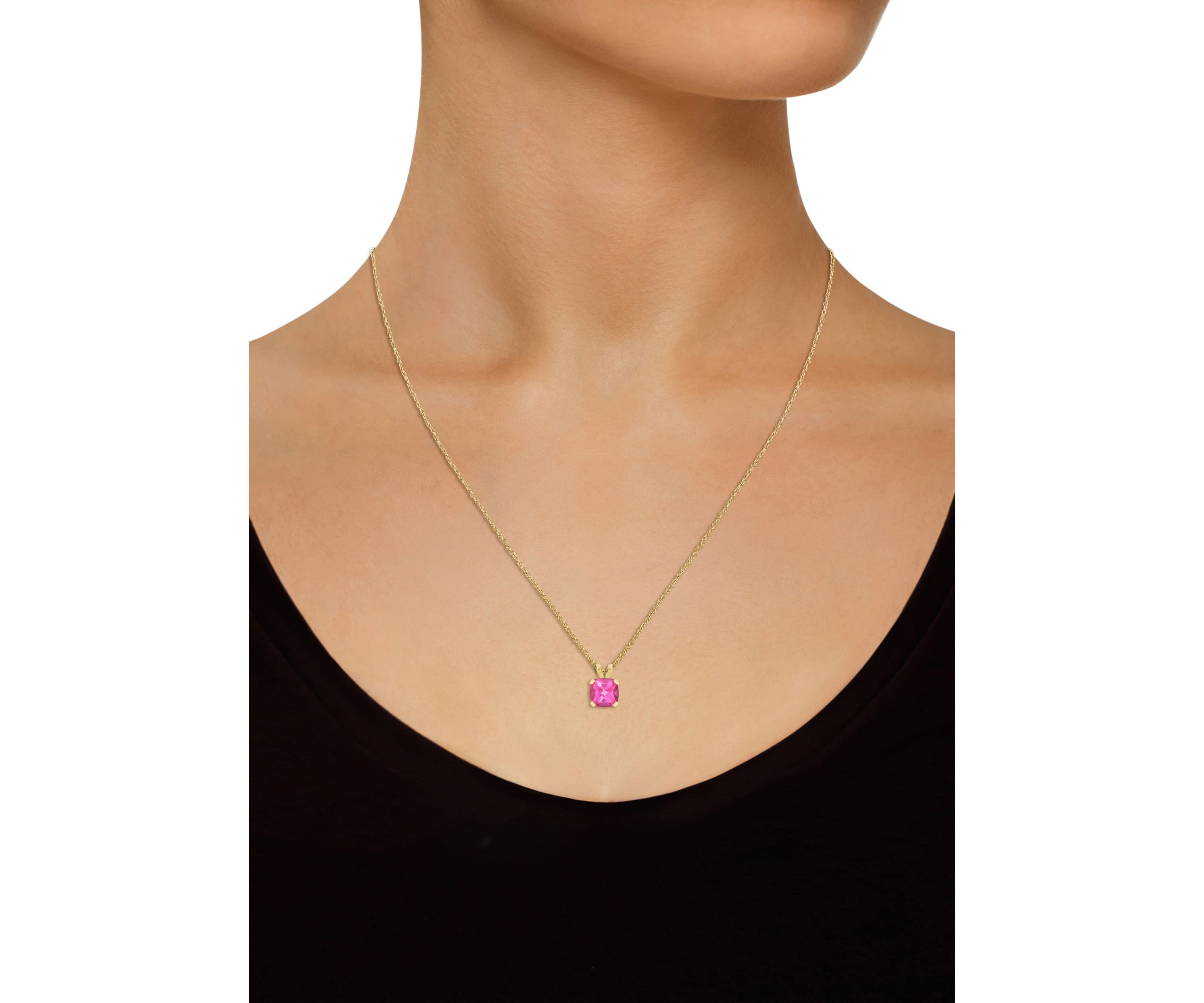 10K White Gold 6mm Cushion Pink Topaz Pendant Necklace