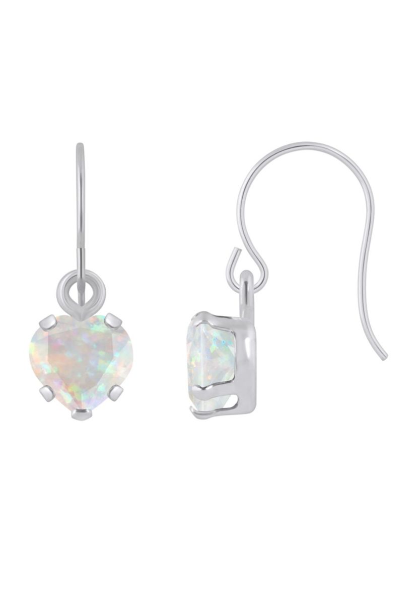 Lab Created 10K White Gold 5mm Heart Shape Created Opal Drop Earrings