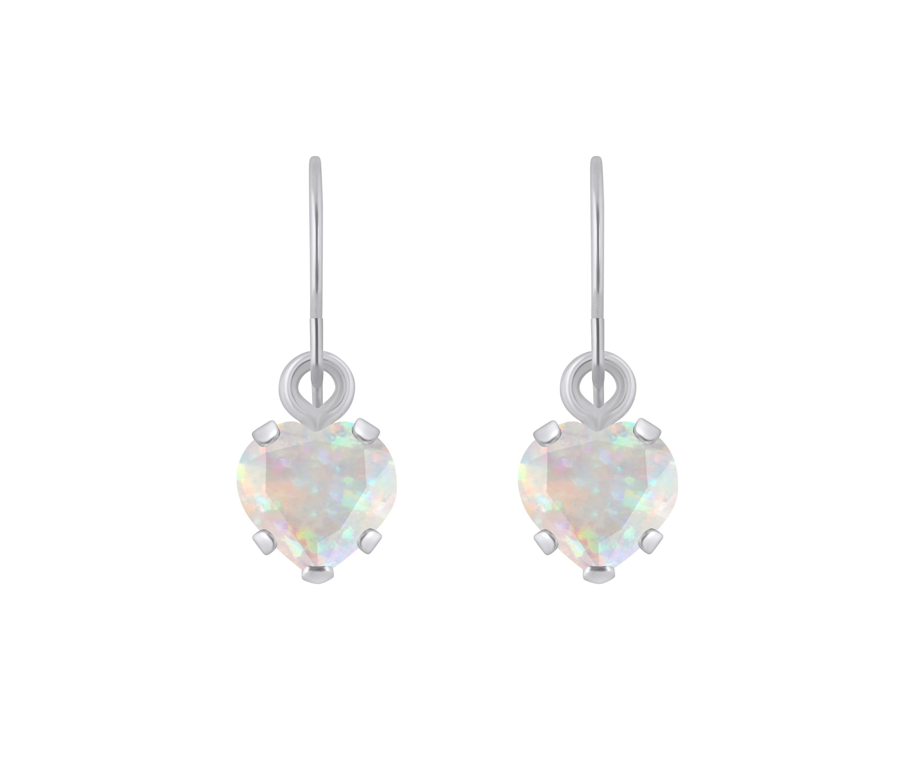 Lab Created 10K White Gold 5mm Heart Shape Created Opal Drop Earrings