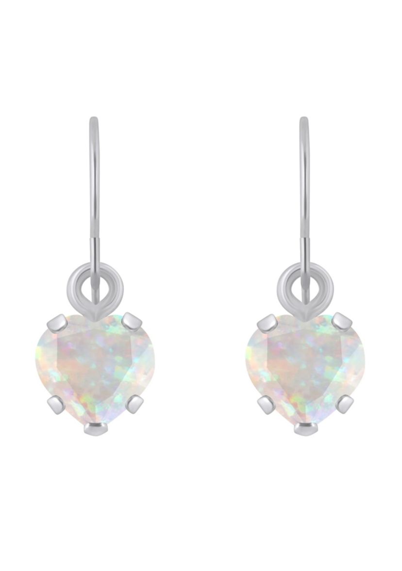 Lab Created 10K White Gold 5mm Heart Shape Created Opal Drop Earrings