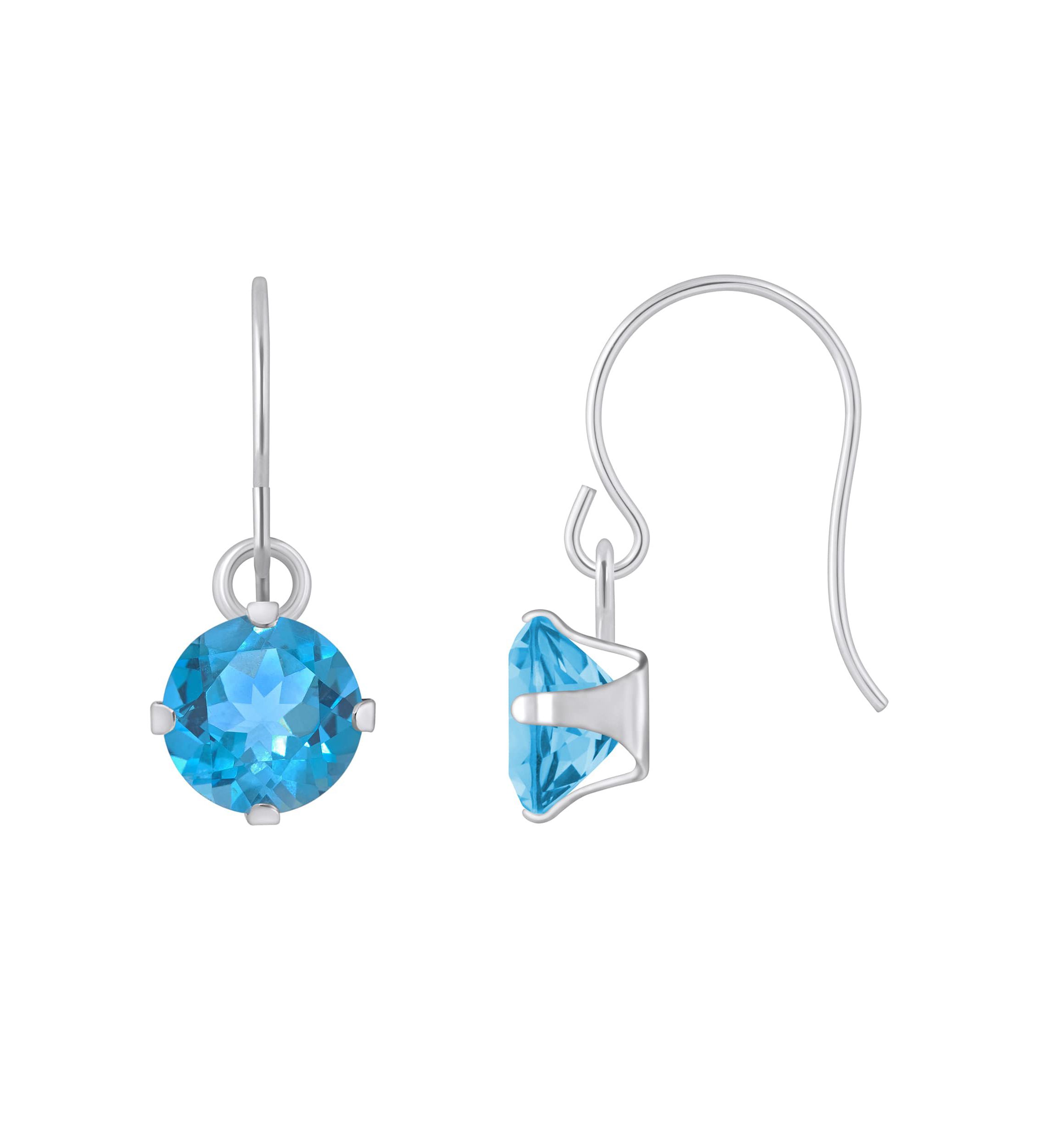 10K White Gold 5mm Round Blue Topaz Drop Earrings