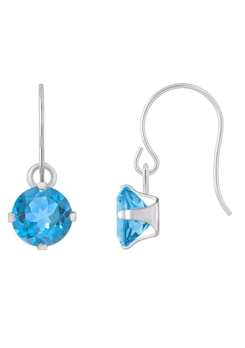 10K White Gold 5mm Round Blue Topaz Drop Earrings