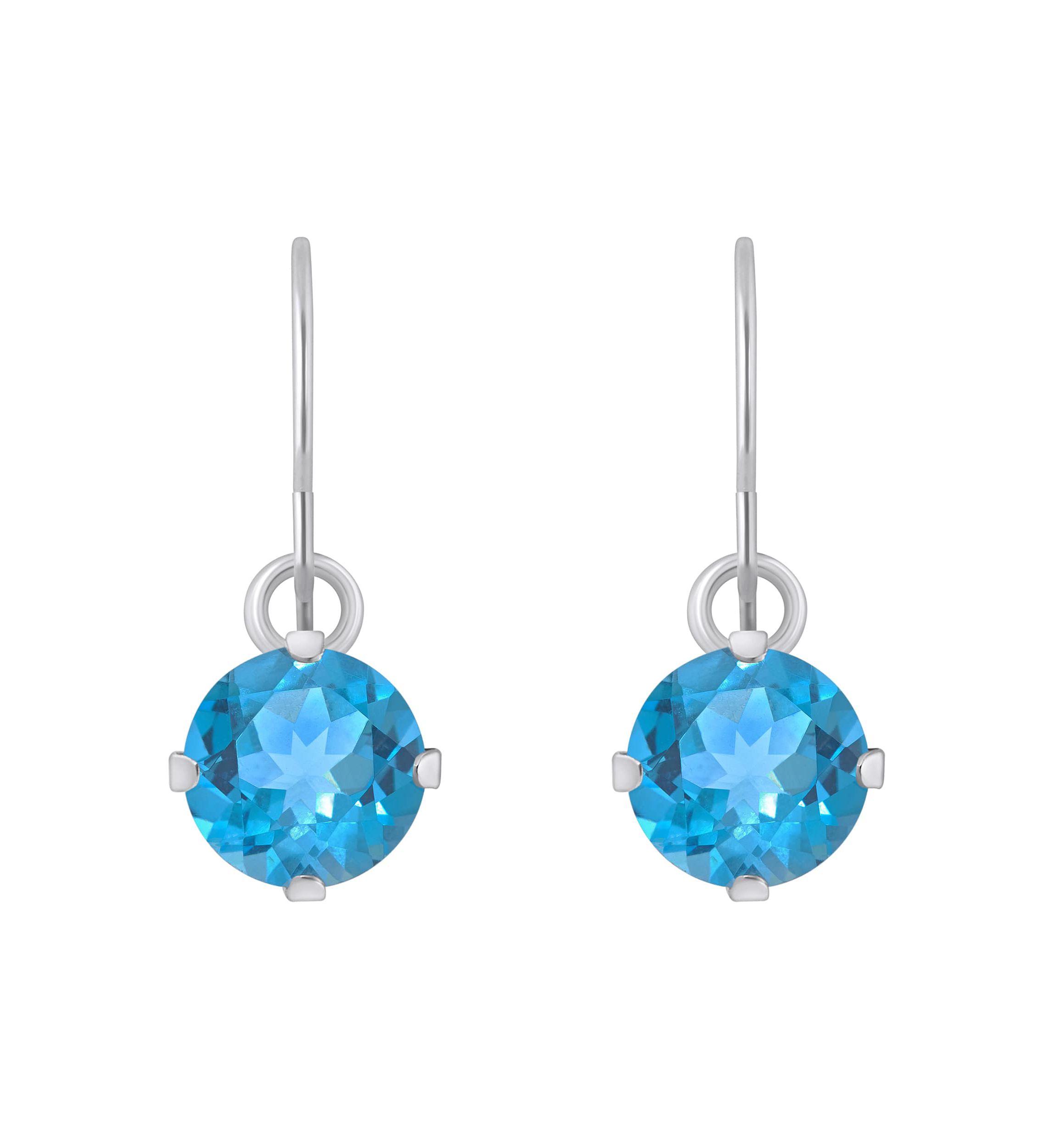 10K White Gold 5mm Round Blue Topaz Drop Earrings
