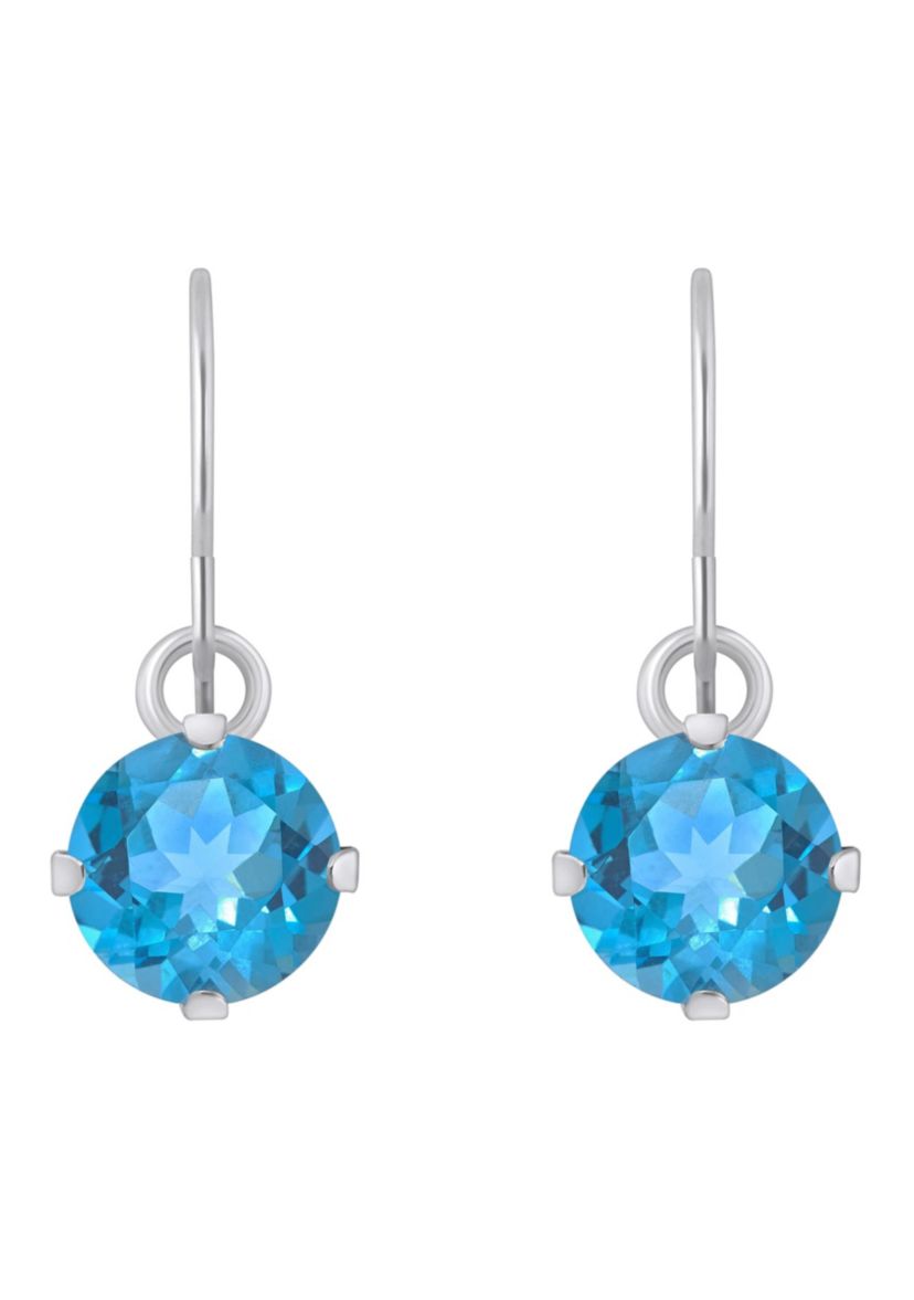 10K White Gold 5mm Round Blue Topaz Drop Earrings