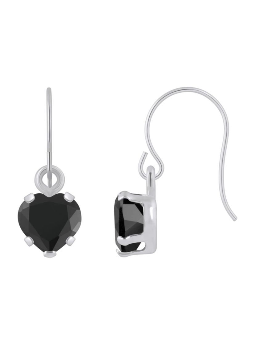 10K White Gold 5mm Heart Shape Black Onyx Drop Earrings
