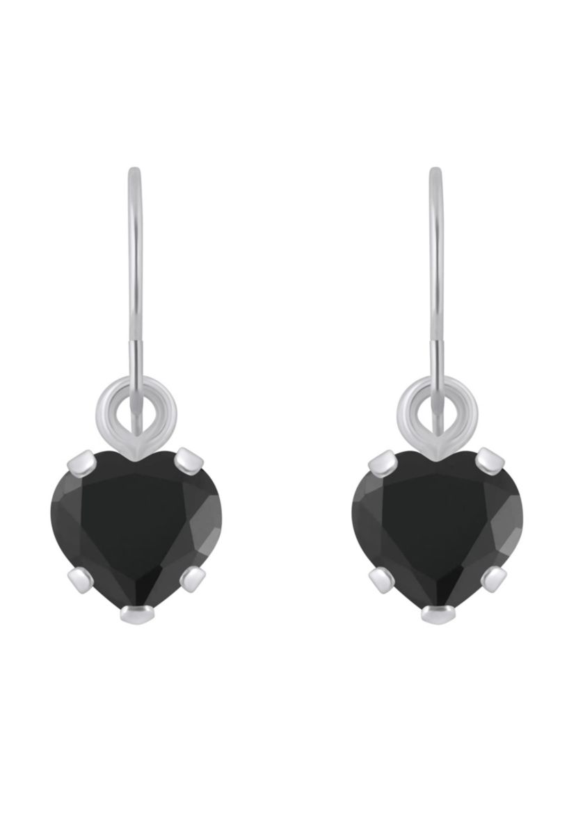10K White Gold 5mm Heart Shape Black Onyx Drop Earrings
