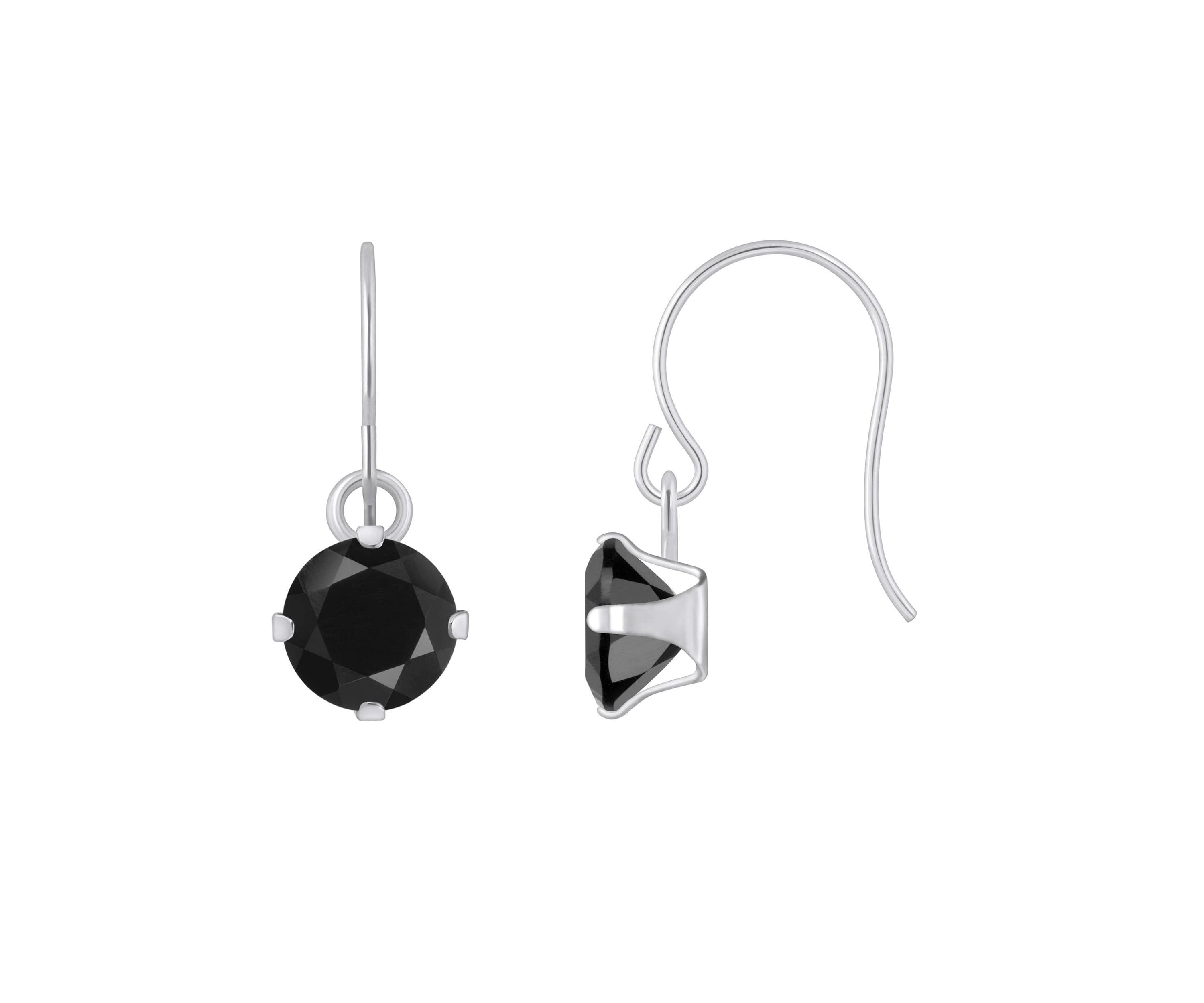 10K White Gold 5mm Round Black Onyx Drop Earrings