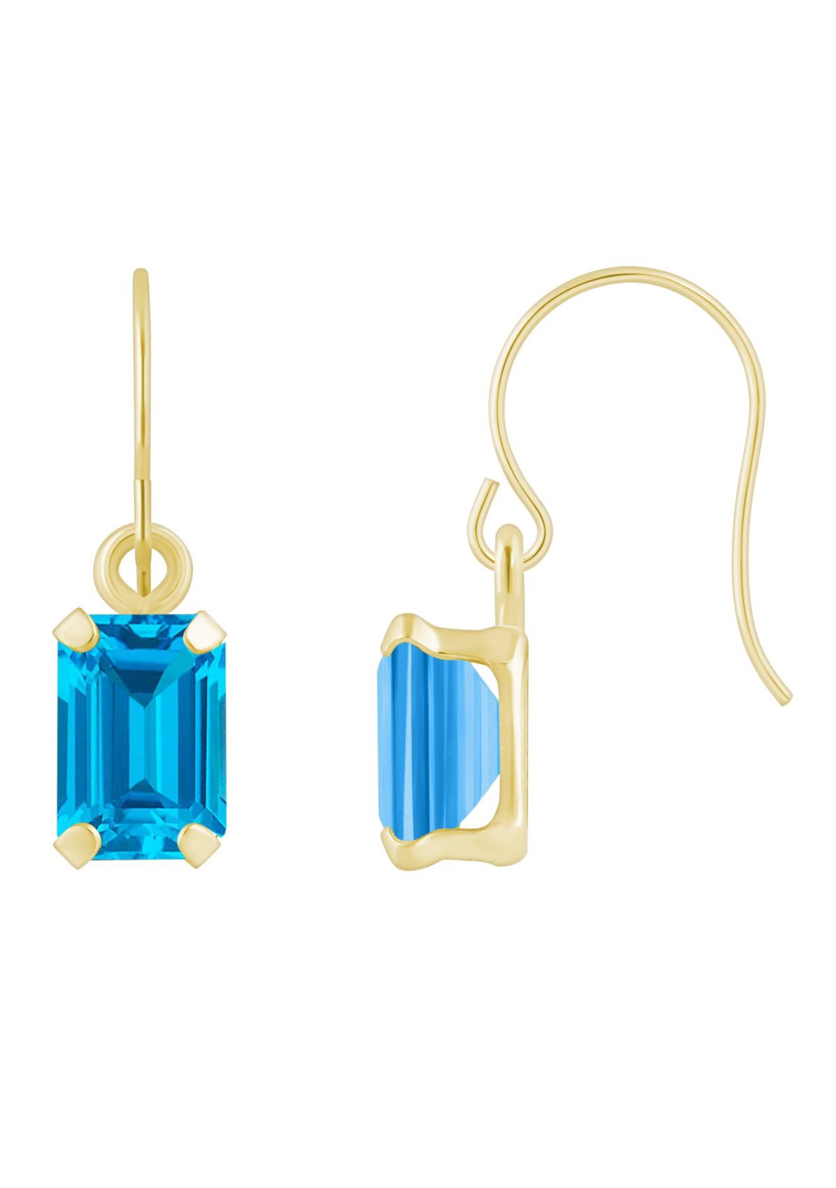 10K Yellow Gold 6x4mm Emerald Cut Blue Topaz Drop Earrings