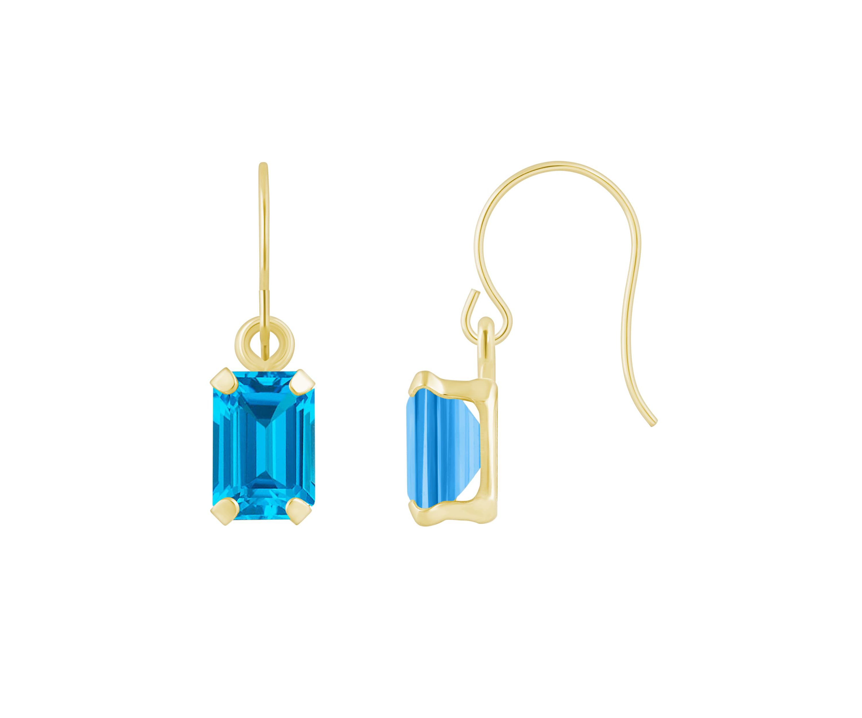 10K Yellow Gold 6x4mm Emerald Cut Blue Topaz Drop Earrings