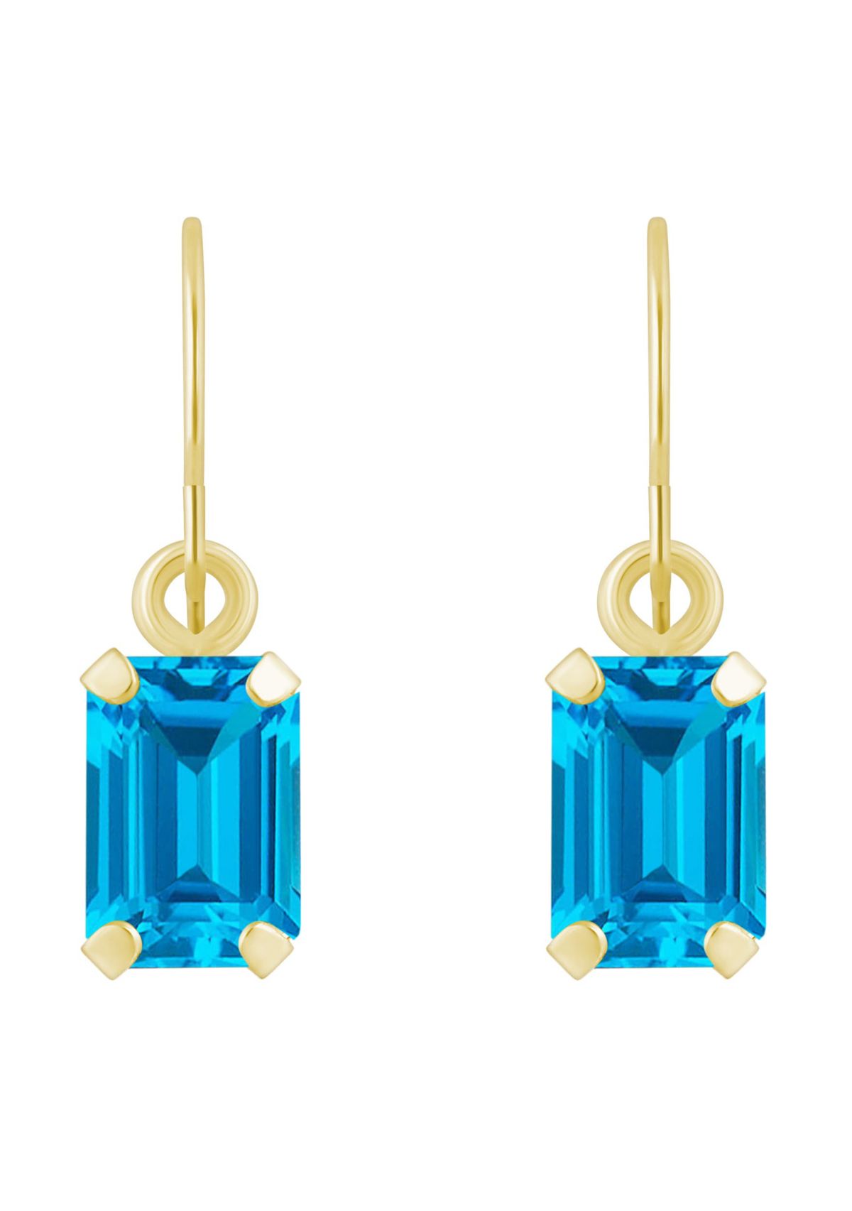 10K Yellow Gold 6x4mm Emerald Cut Blue Topaz Drop Earrings