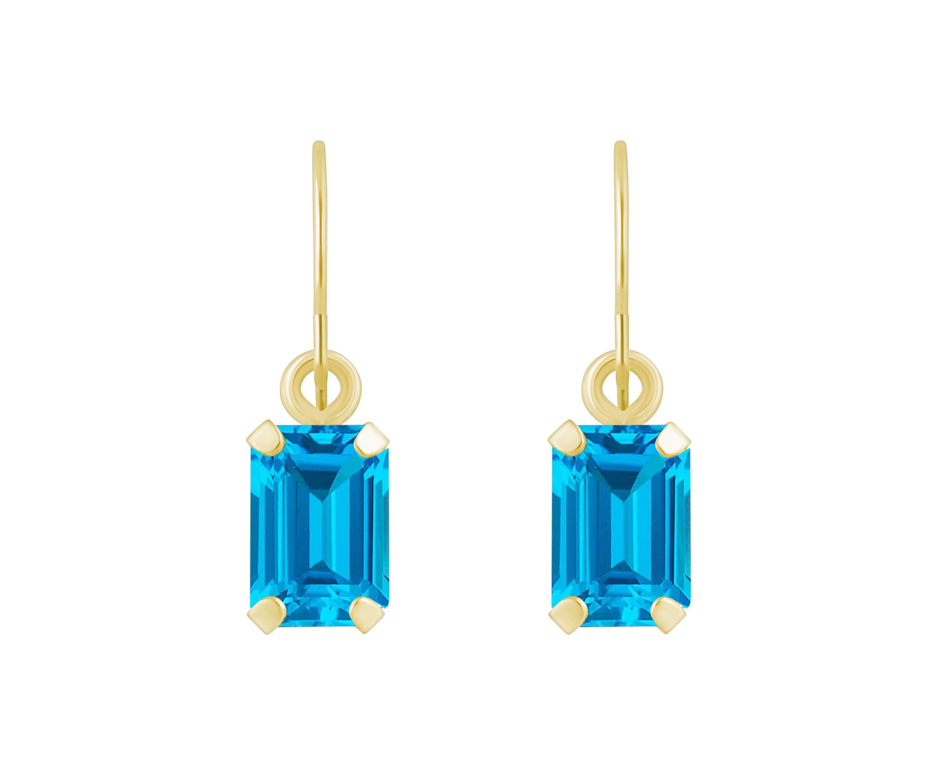 10K Yellow Gold 6x4mm Emerald Cut Blue Topaz Drop Earrings