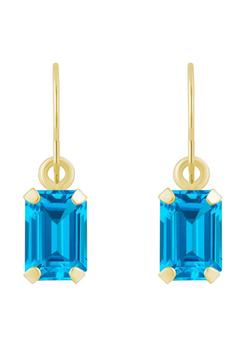 10K Yellow Gold 6x4mm Emerald Cut Blue Topaz Drop Earrings