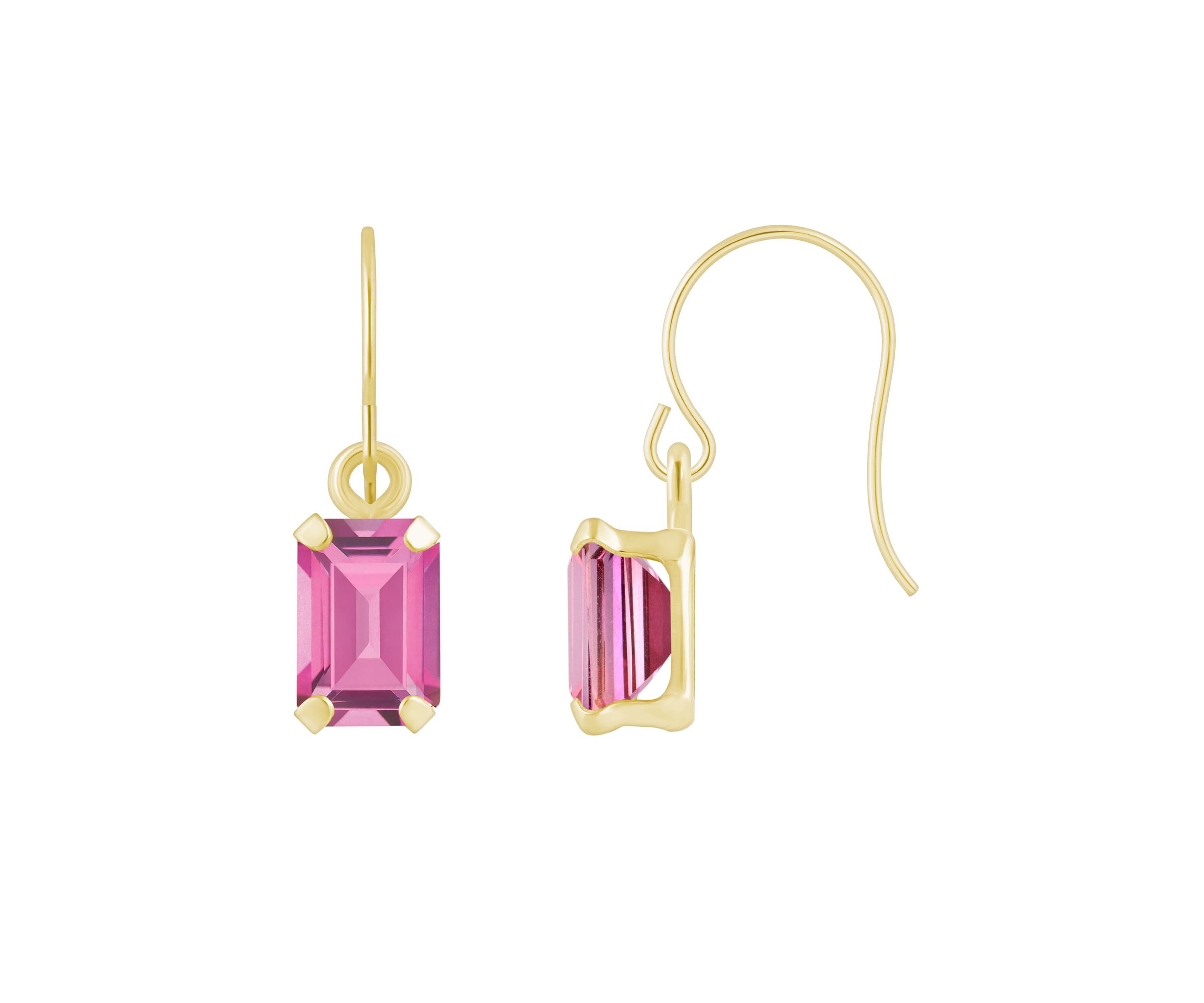 10K White Gold 6x4mm Emerald Cut Pink Topaz Drop Earrings