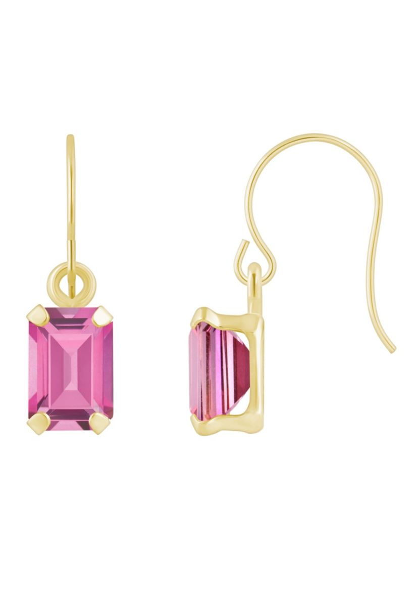 10K White Gold 6x4mm Emerald Cut Pink Topaz Drop Earrings