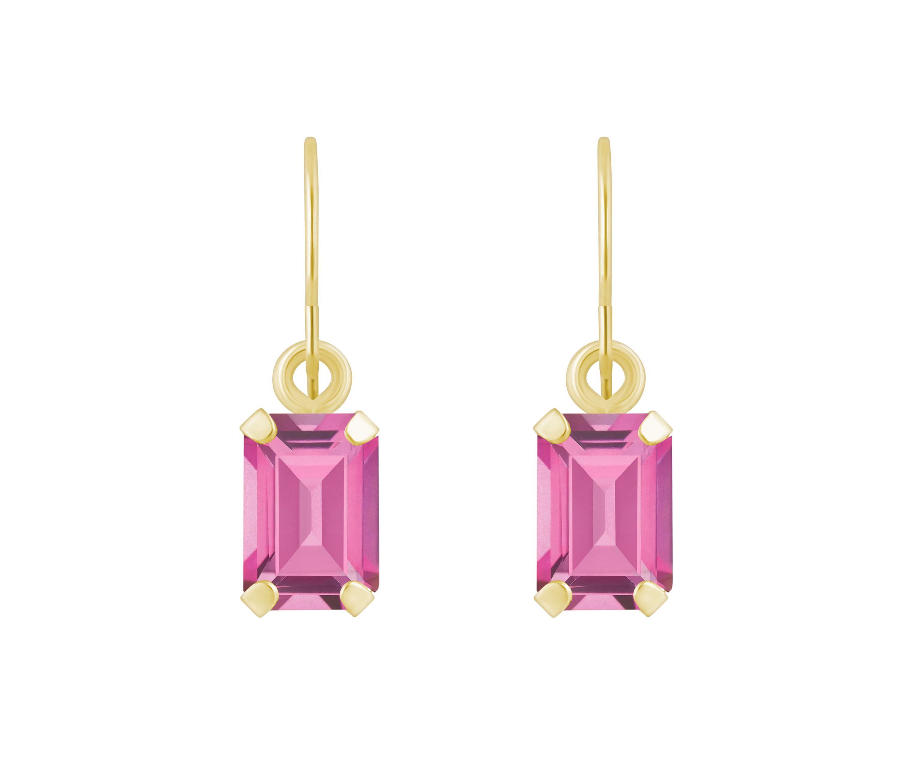 10K White Gold 6x4mm Emerald Cut Pink Topaz Drop Earrings
