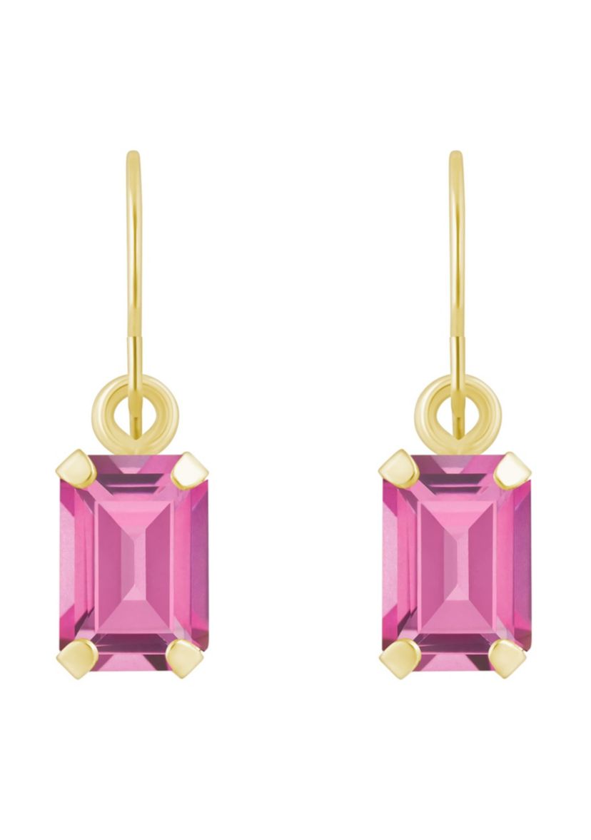 10K White Gold 6x4mm Emerald Cut Pink Topaz Drop Earrings