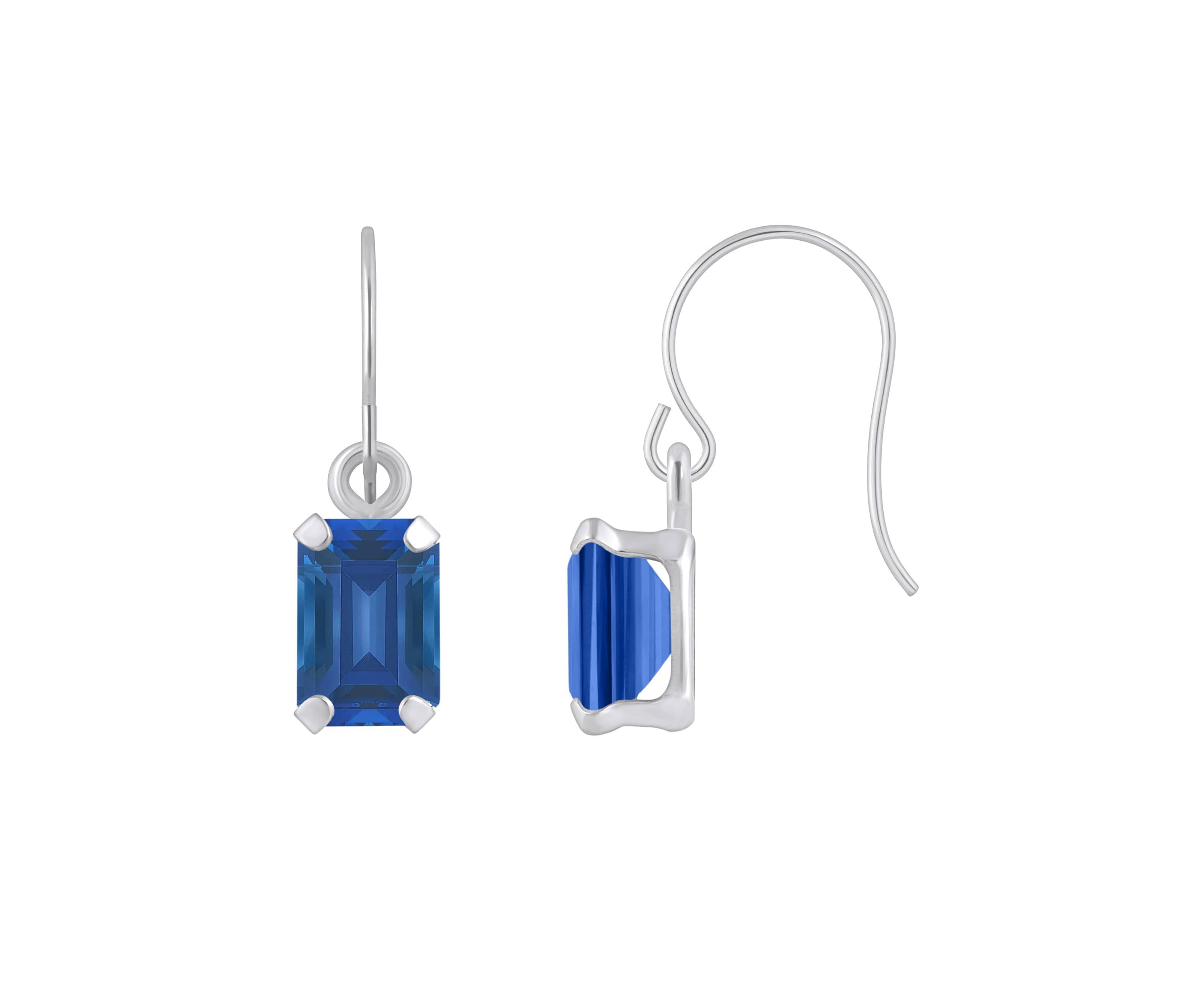 Lab Created 10K White Gold 6x4mm Emerald Cut Created Sapphire Drop Earrings