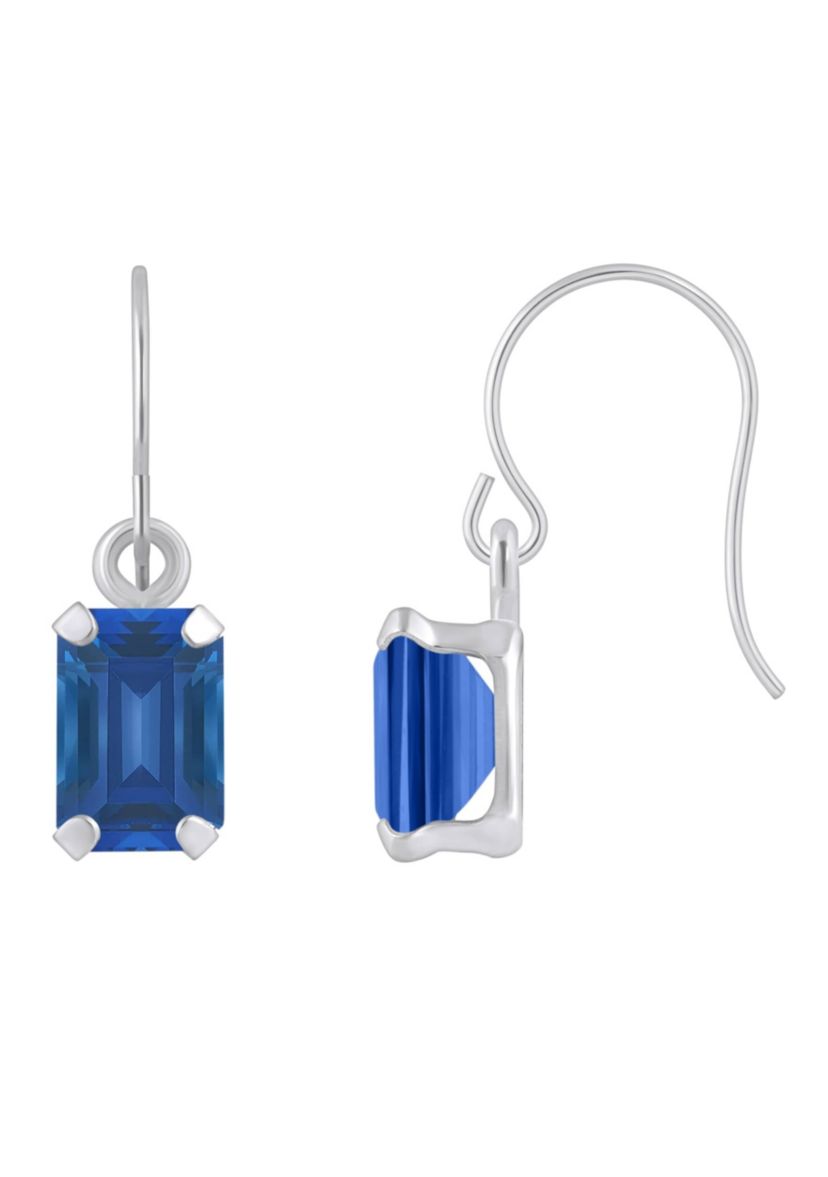 Lab Created 10K White Gold 6x4mm Emerald Cut Created Sapphire Drop Earrings