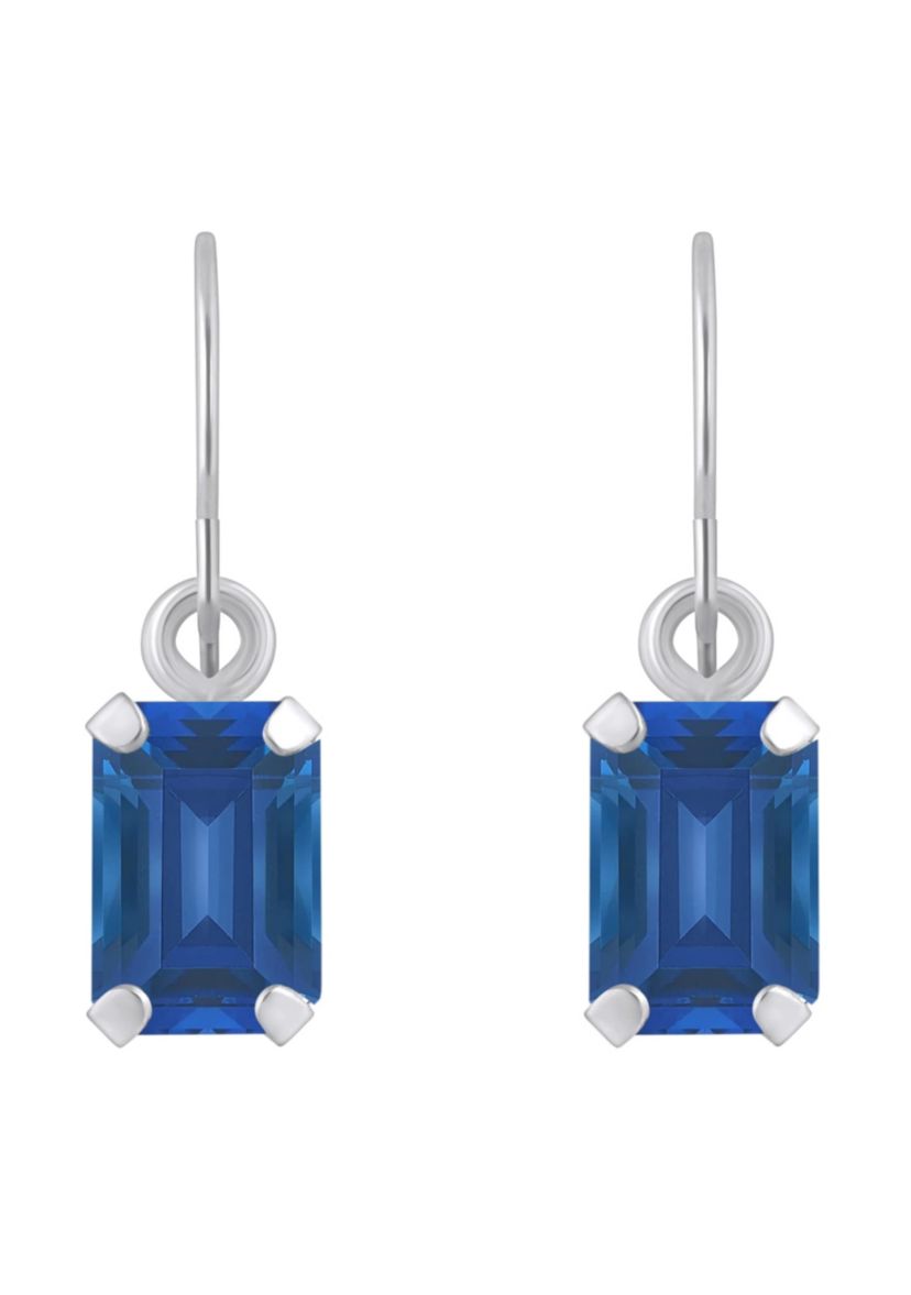 Lab Created 10K White Gold 6x4mm Emerald Cut Created Sapphire Drop Earrings