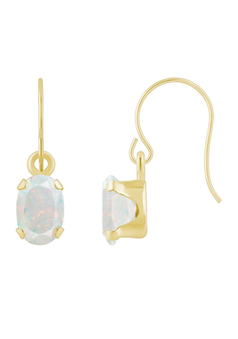 Lab Created 10K Yellow Gold 6x4mm Oval Created Opal Drop Earrings