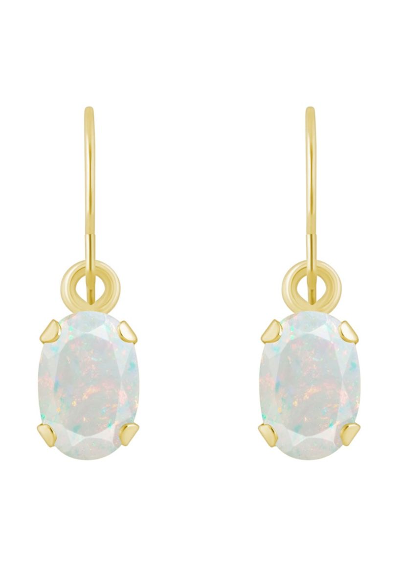 Lab Created 10K Yellow Gold 6x4mm Oval Created Opal Drop Earrings