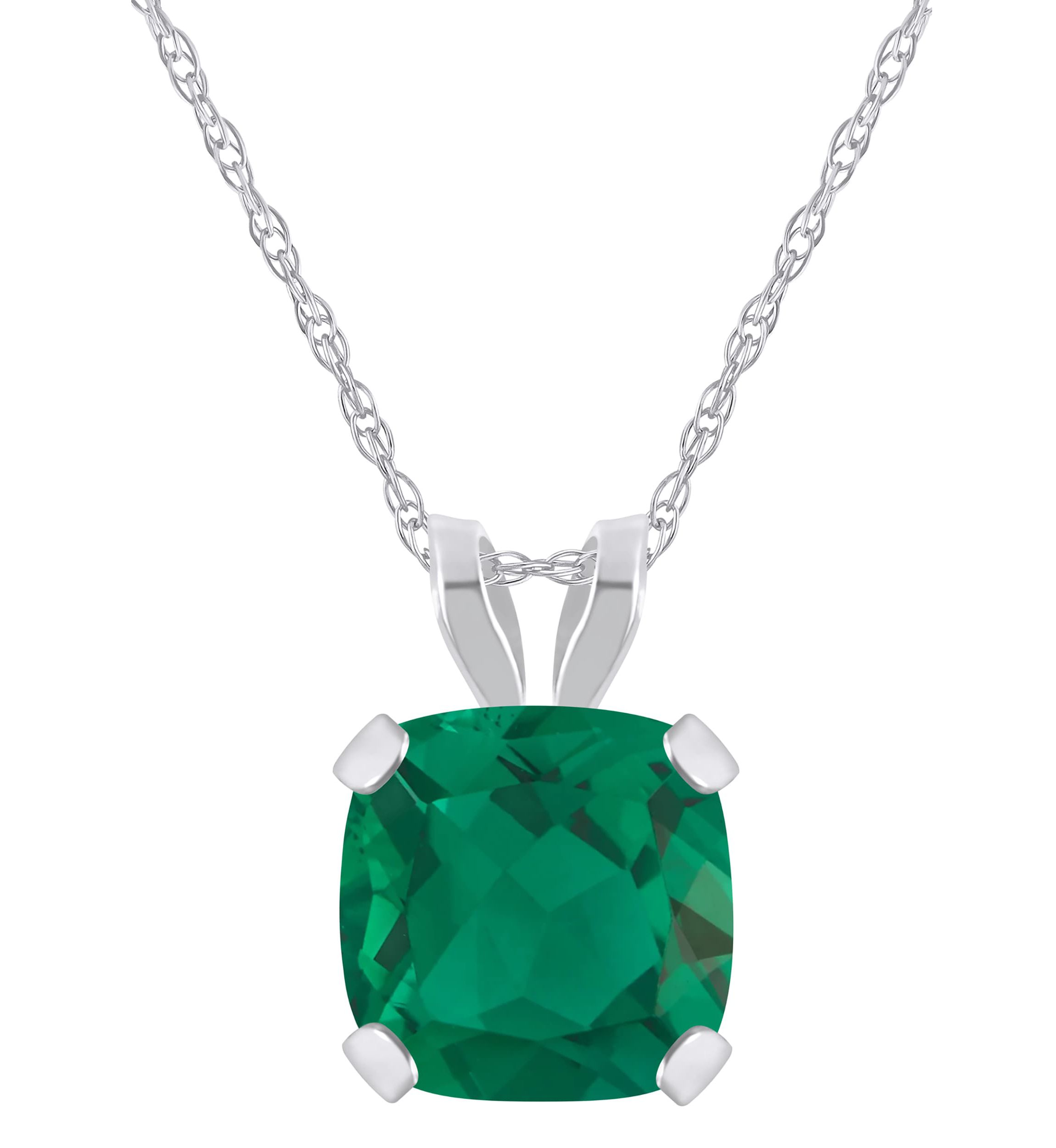 Lab Created 10K White Gold 6mm Cushion Created Emerald Pendant Necklace