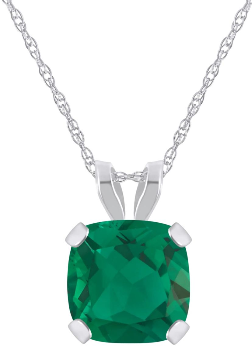 Lab Created 10K White Gold 6mm Cushion Created Emerald Pendant Necklace