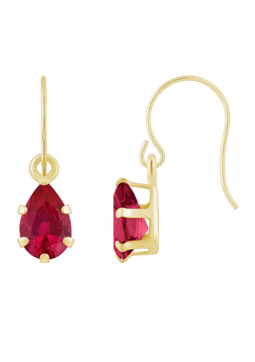 Lab Created 10K Yellow Gold 6x4mm Pear Shape Created Ruby Drop Earrings
