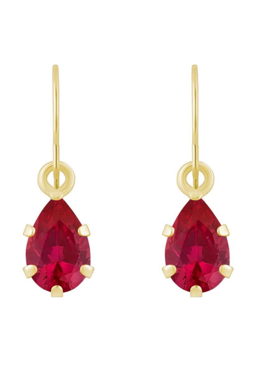 Lab Created 10K Yellow Gold 6x4mm Pear Shape Created Ruby Drop Earrings
