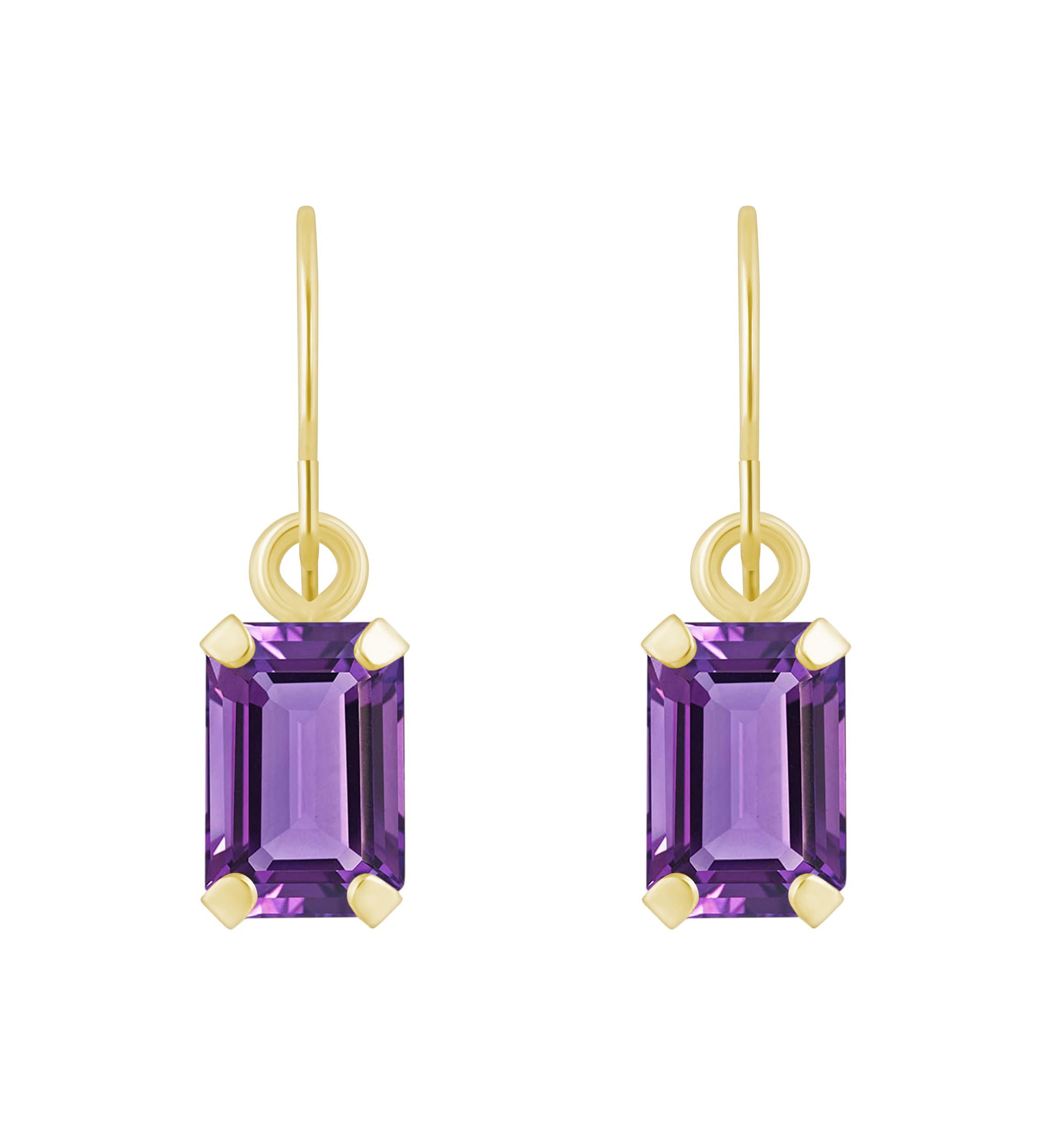 10K White Gold 6x4mm Emerald Cut Amethyst Drop Earrings