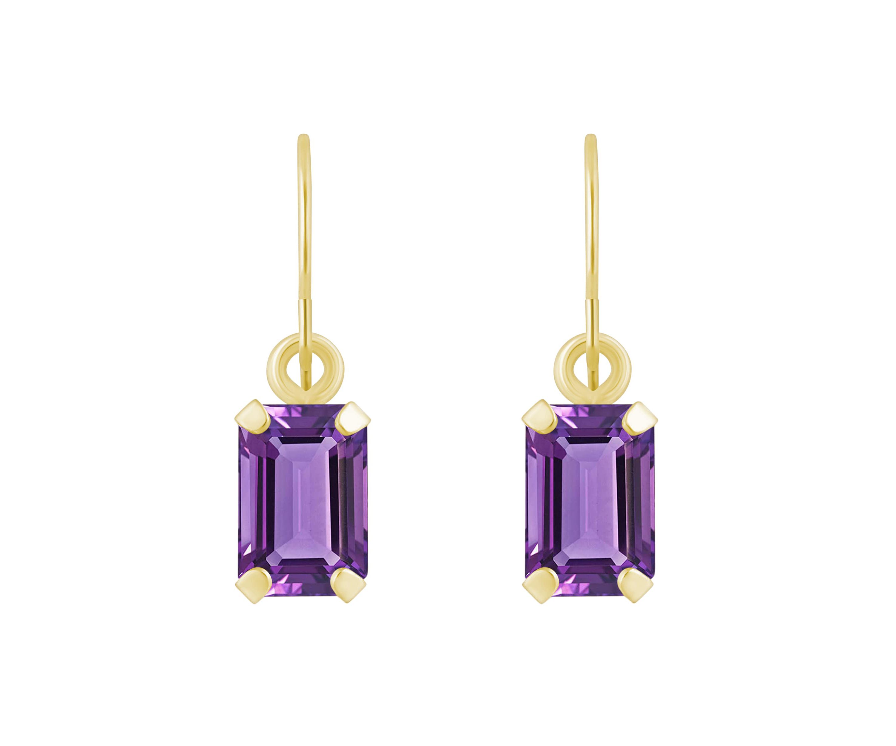 10K White Gold 6x4mm Emerald Cut Amethyst Drop Earrings