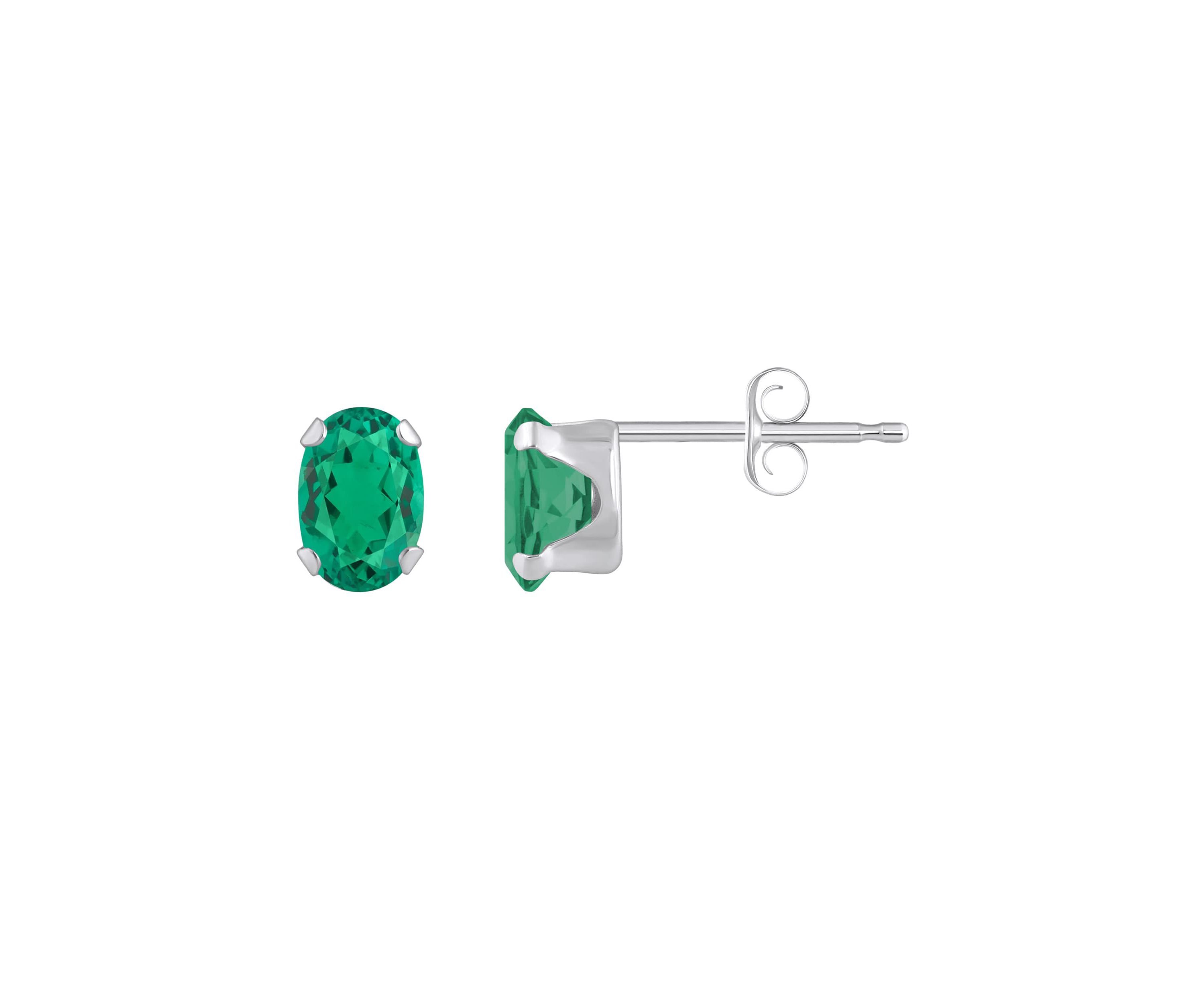 Lab Created 10K White Gold 6x4mm Oval Created Emerald Stud Earrings