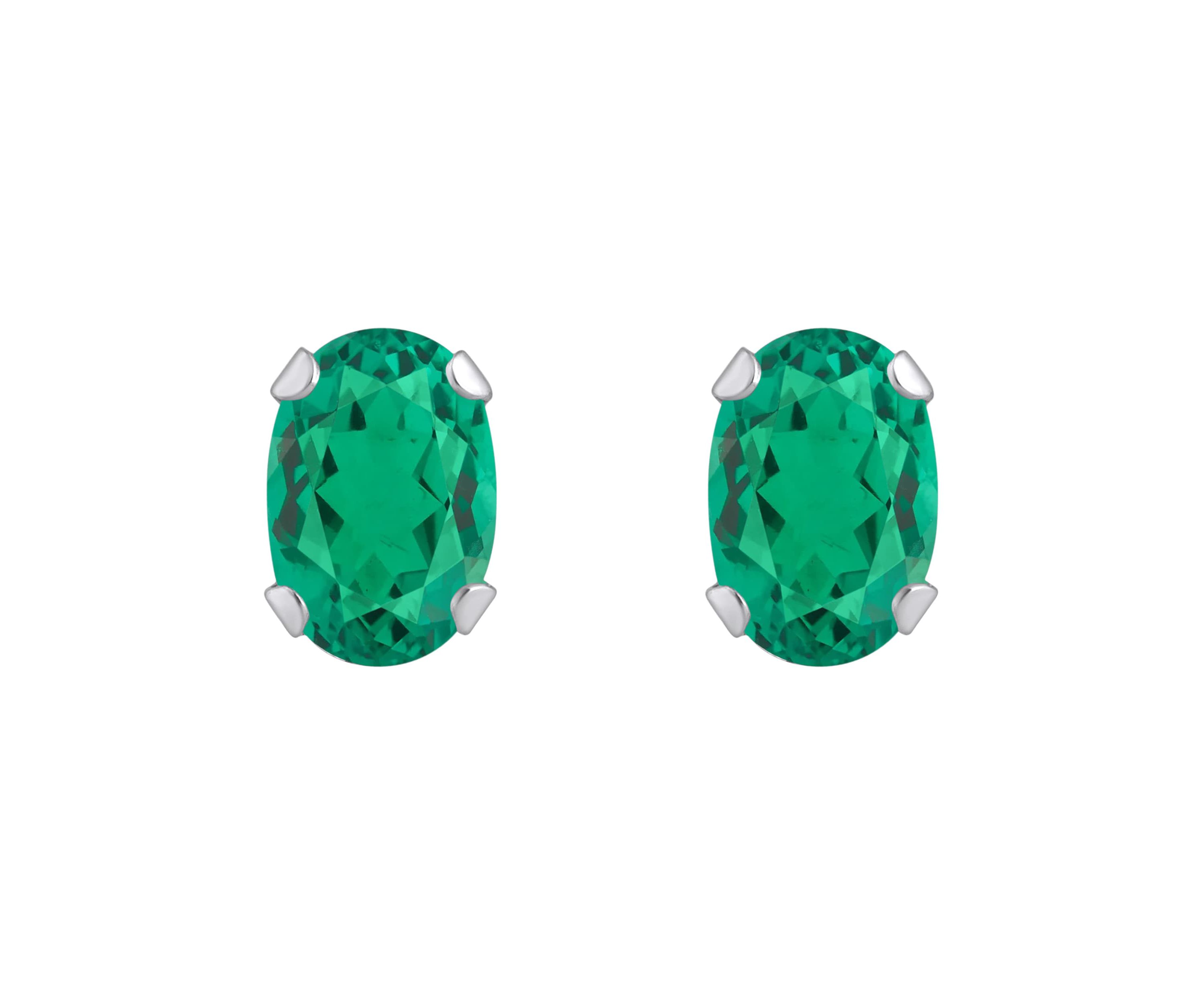 Lab Created 10K White Gold 6x4mm Oval Created Emerald Stud Earrings
