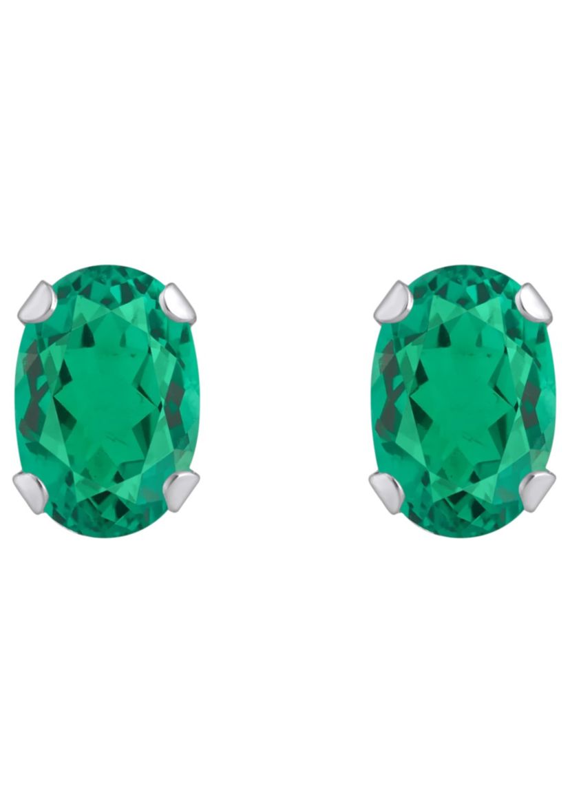 Lab Created 10K White Gold 6x4mm Oval Created Emerald Stud Earrings
